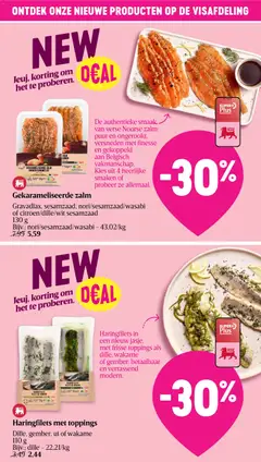 Gekarameliseerde zalm, Gravadlax, sesamzaad, nori/sesamzaad/wasabi of citroen/dille/wit sesamzaad 130 g - Voorbeeld van een folder van Delhaize, geldig van 30/07/2026 | Pagina: 44