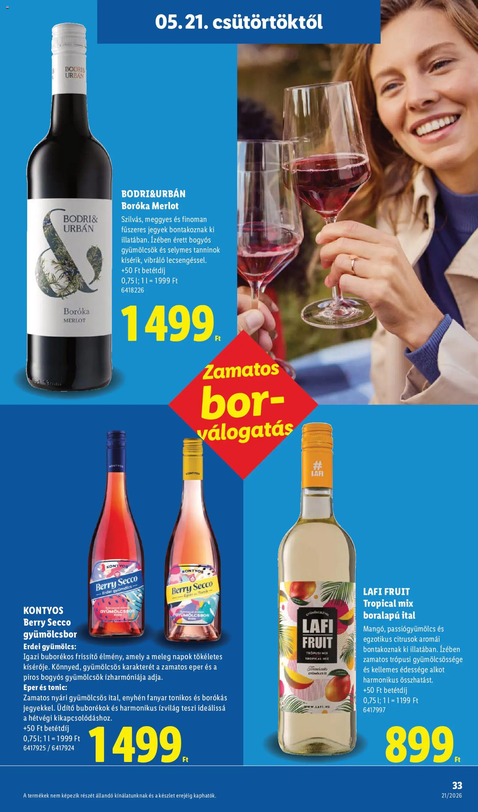 Lidl akciós ujság - amely érvényes a következő dátumtól: 21.05.2026 | Oldal: 33 | Termékek: Tonic, Gyümölcs, Bor, Eper