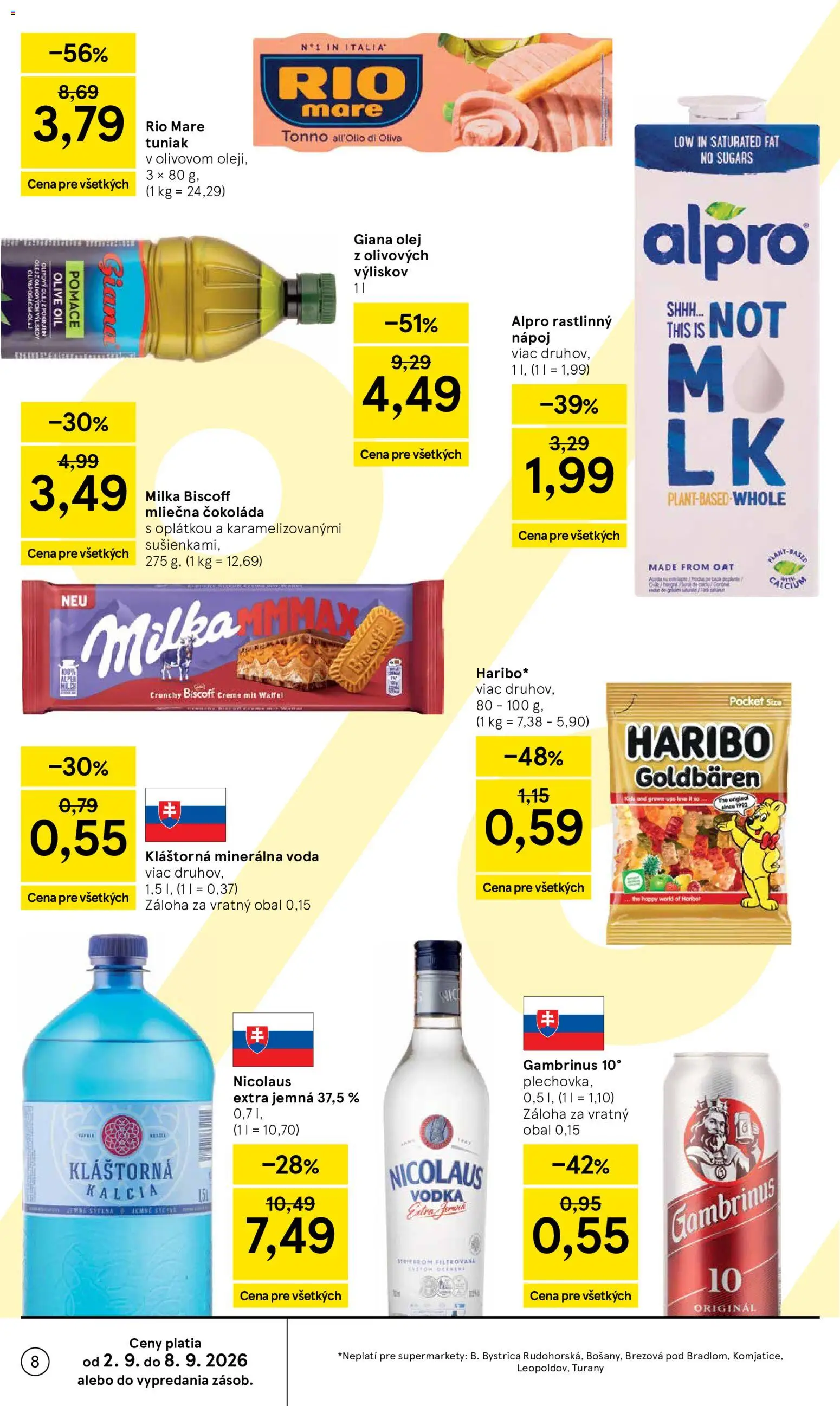 Nové Tesco akcie – leták je platný od 02.09.2026 | Strana: 8 | Produkty: Tuniak, Vodka, Alpro, Gambrinus