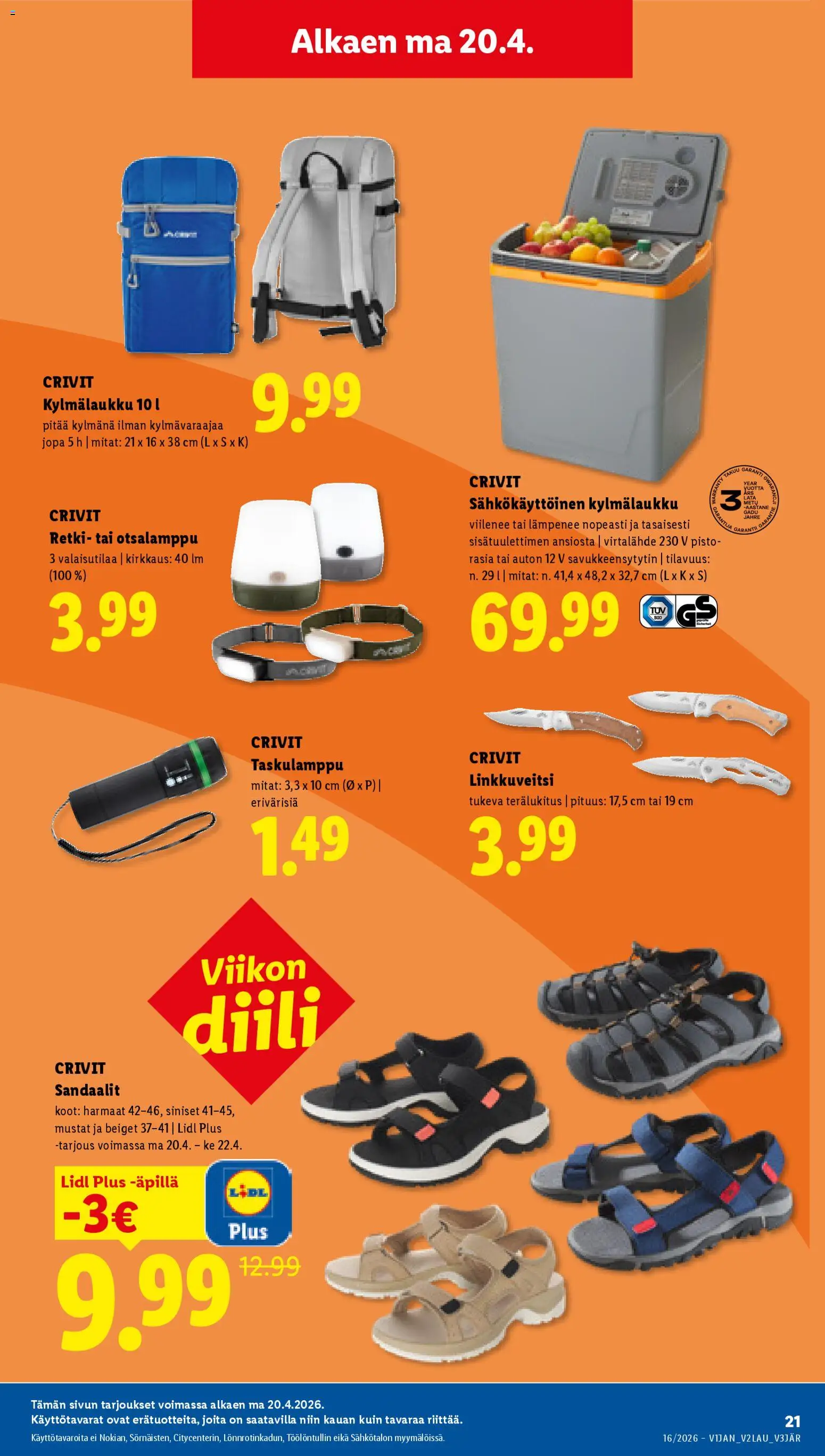 Lidl tarjoukset - Helsinki – voimassa 16.04.2026 alkaen | Sivu: 27 | Tuotteet: Virtalähde, Sandaalit, Taskulamppu, Kylmälaukku