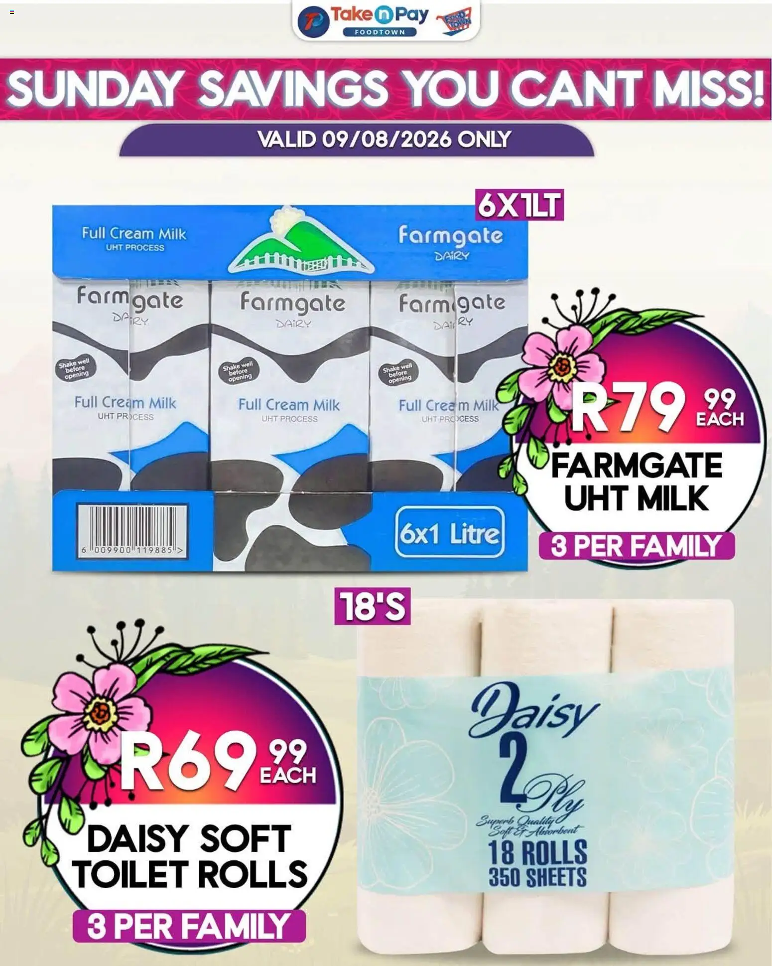 New Take n Pay catalogue – valid from 09/08/2026 | Page: 2 | Products: Toilet, Milk, Gate, Cream