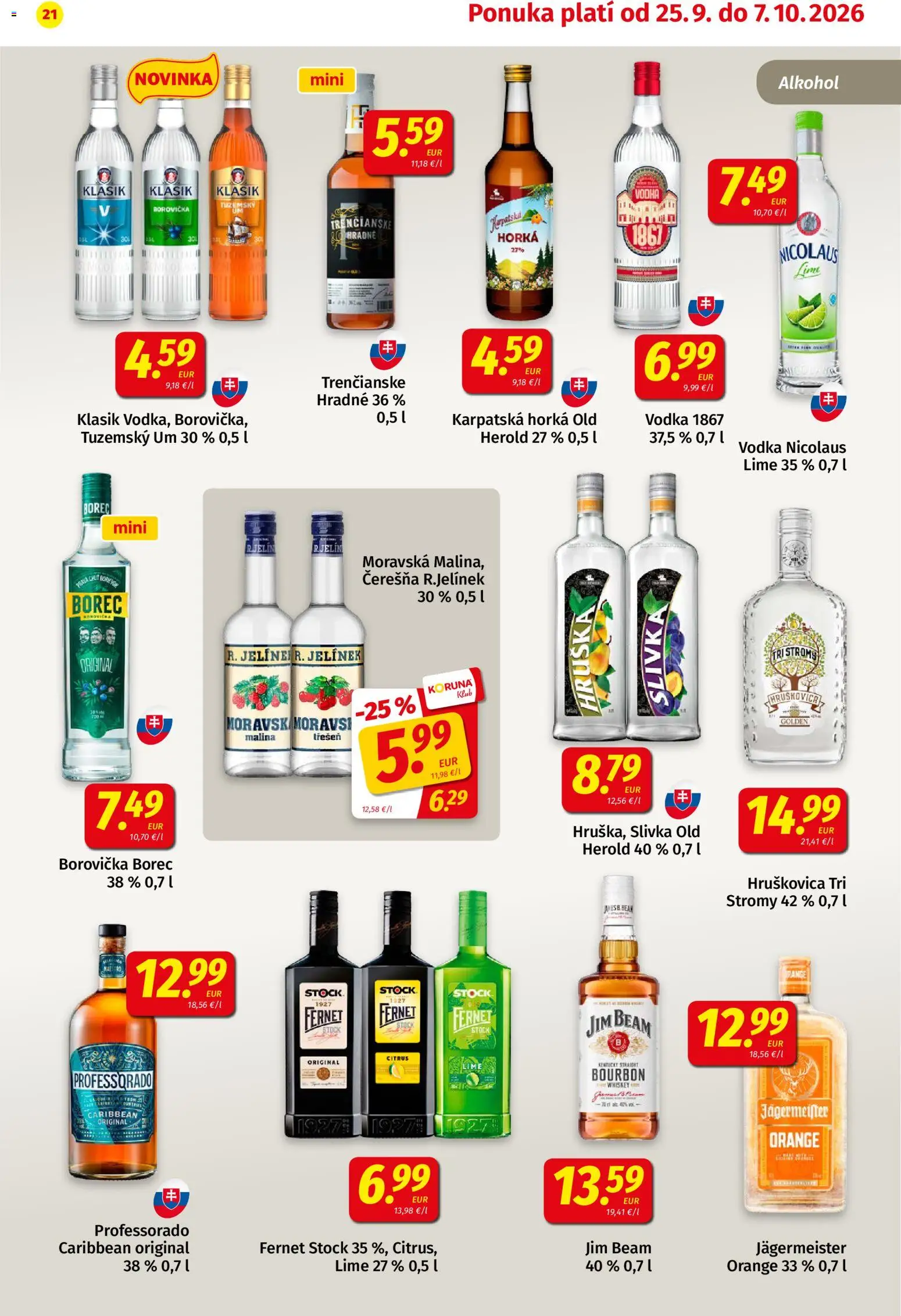 Nové Koruna akcie – leták je platný od 25.09.2026 | Strana: 21 | Produkty: Bourbon, Fernet, Fernet Stock, Alkohol