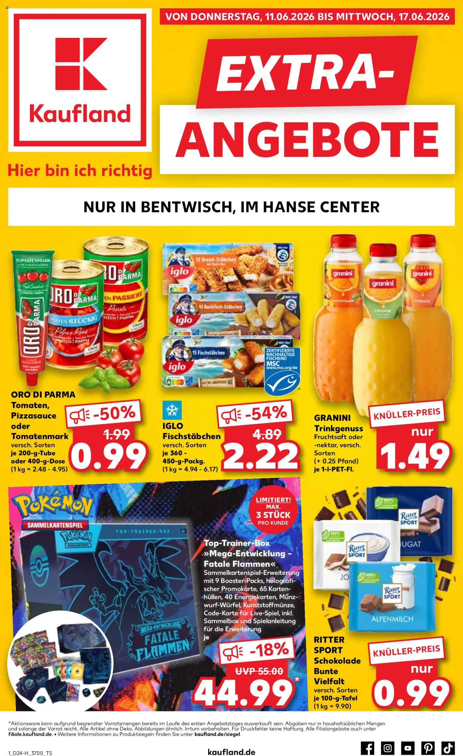Kaufland Prospekt Rostock – gültig ab 11.06.2026 | Seite: 1 | Produkte: Ritter sport, Tomaten, Fischstabchen, Granini