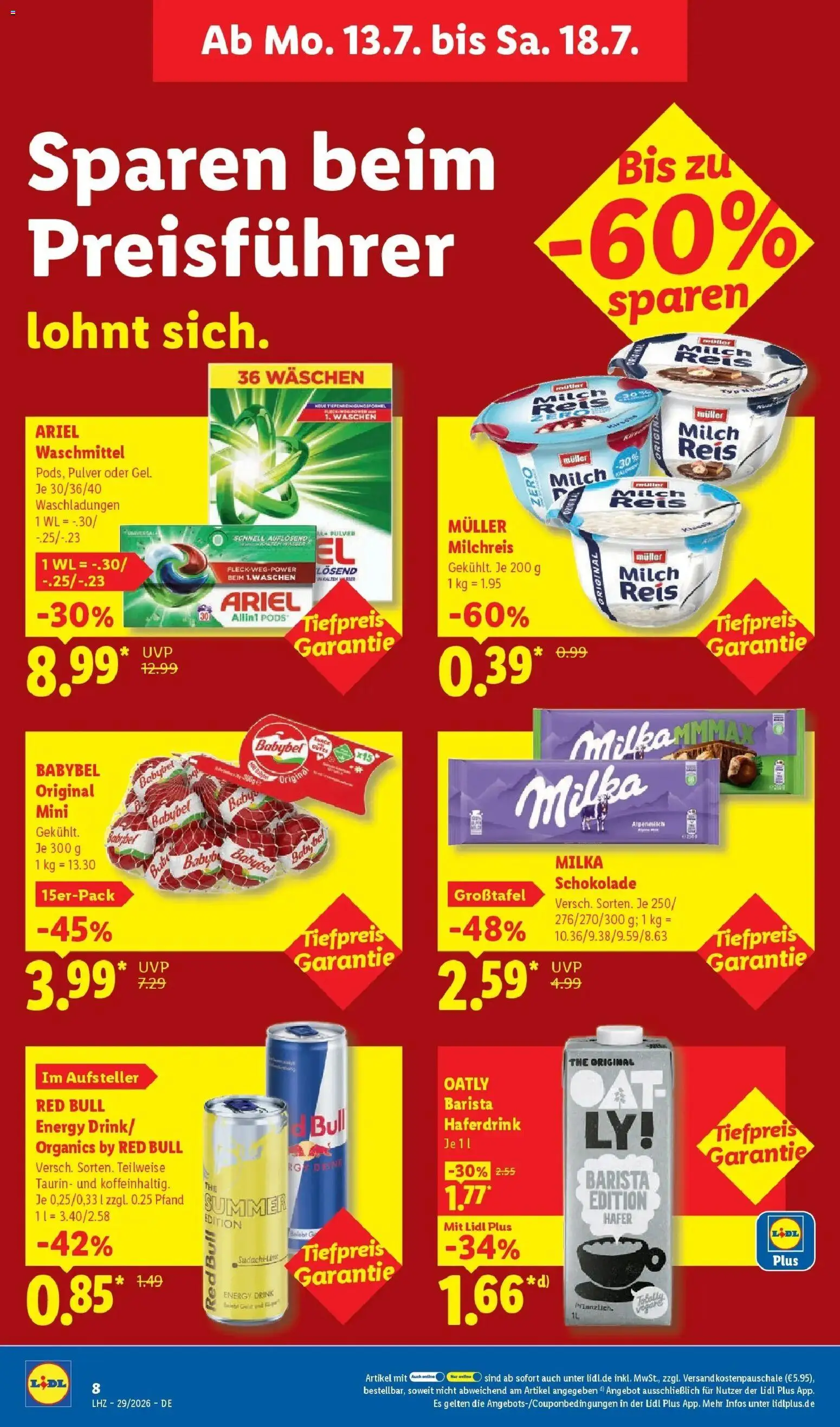 Lidl Prospekt Künzell – gültig ab 13.07.2026 | Seite: 18 | Produkte: Red bull, Schokolade, Milka schokolade, Haferdrink