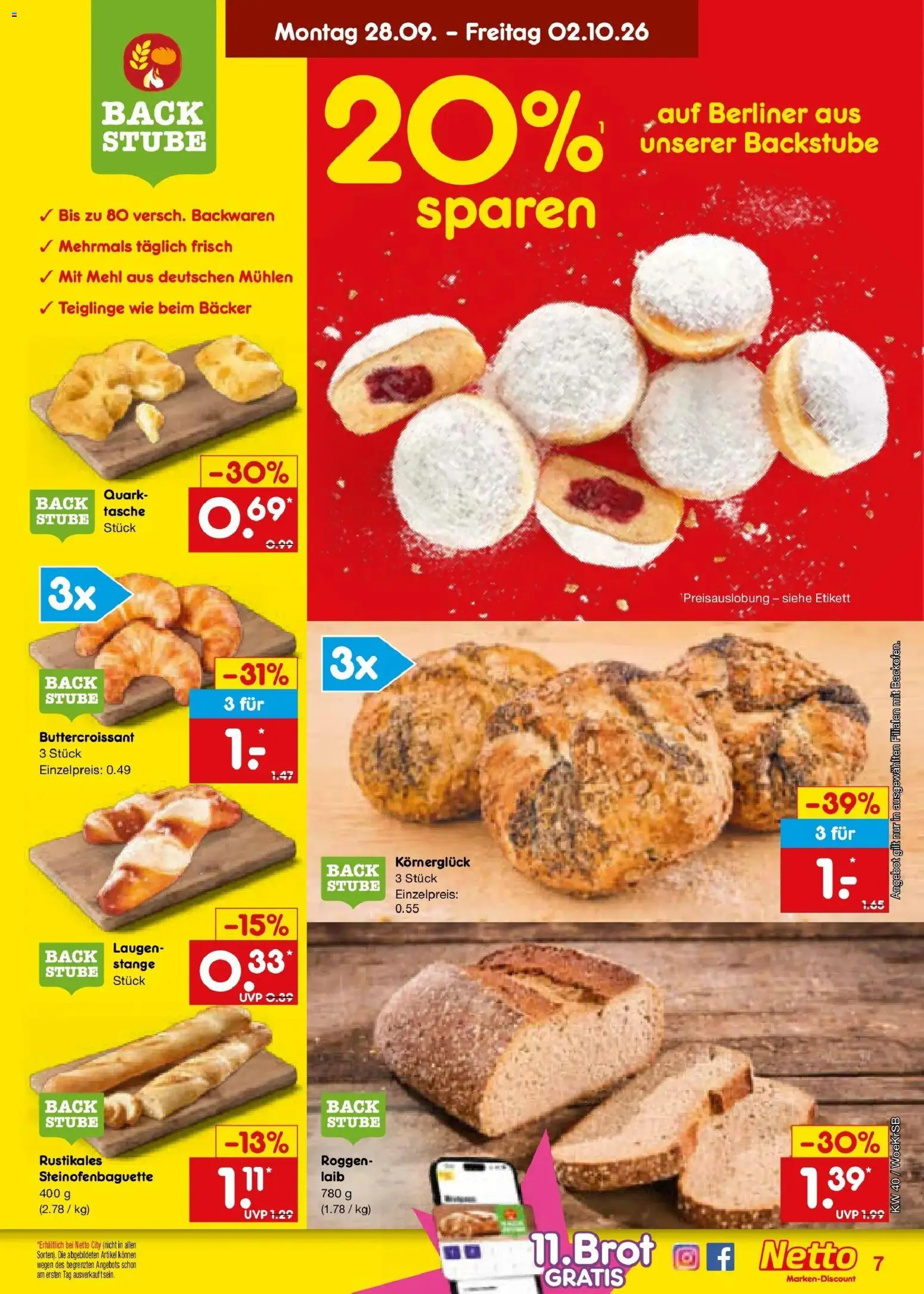 Netto Marken-Discount Prospekt Jüchen – gültig ab 28.09.2026 | Seite: 7 | Produkte: Berliner, Tasche, Mehl, Quark