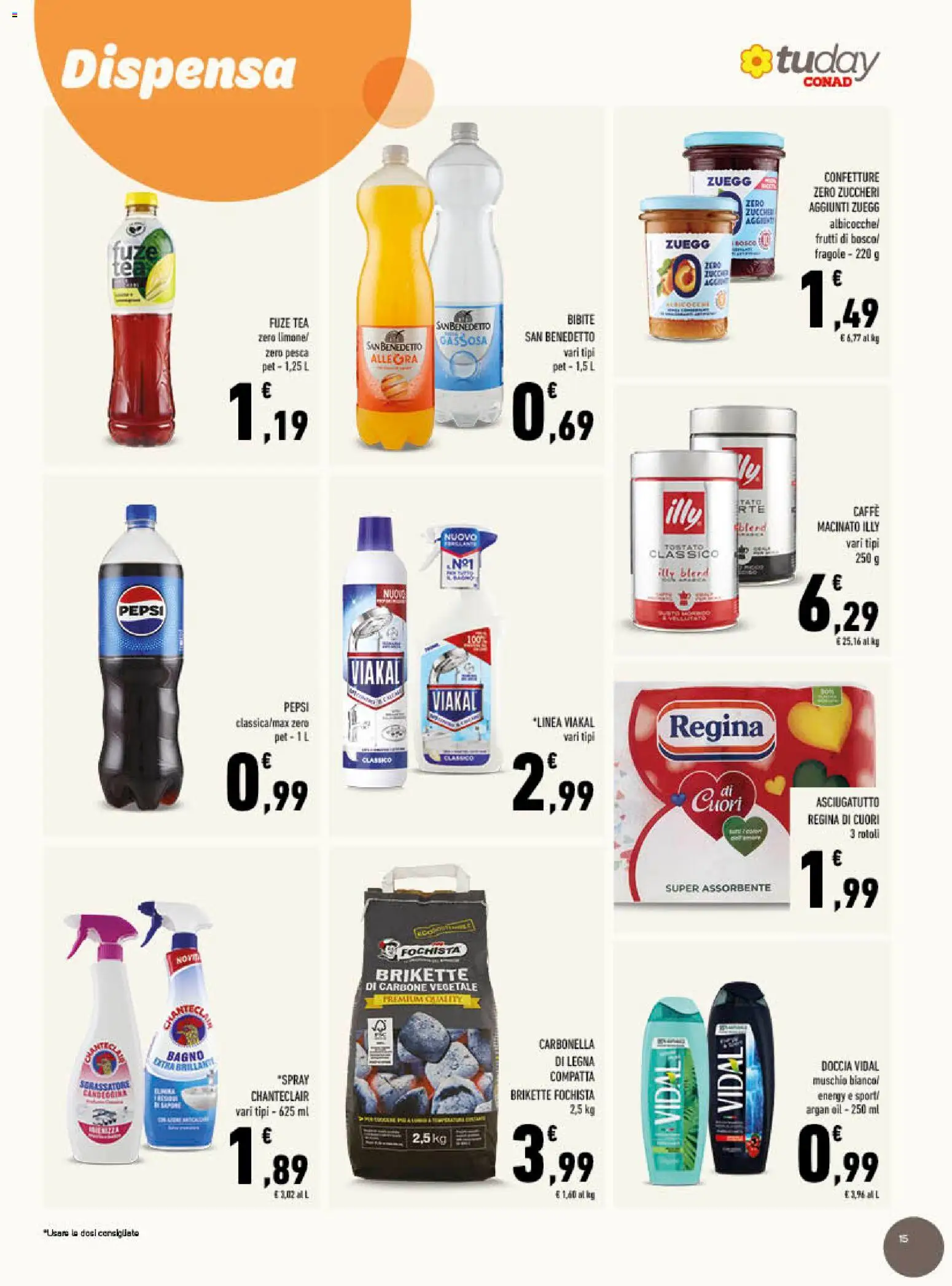 Volantino Conad del 29/07/2026 | Pagina: 15 | Prodotti: Pesca, Bibite, Asciugatutto, Macinato