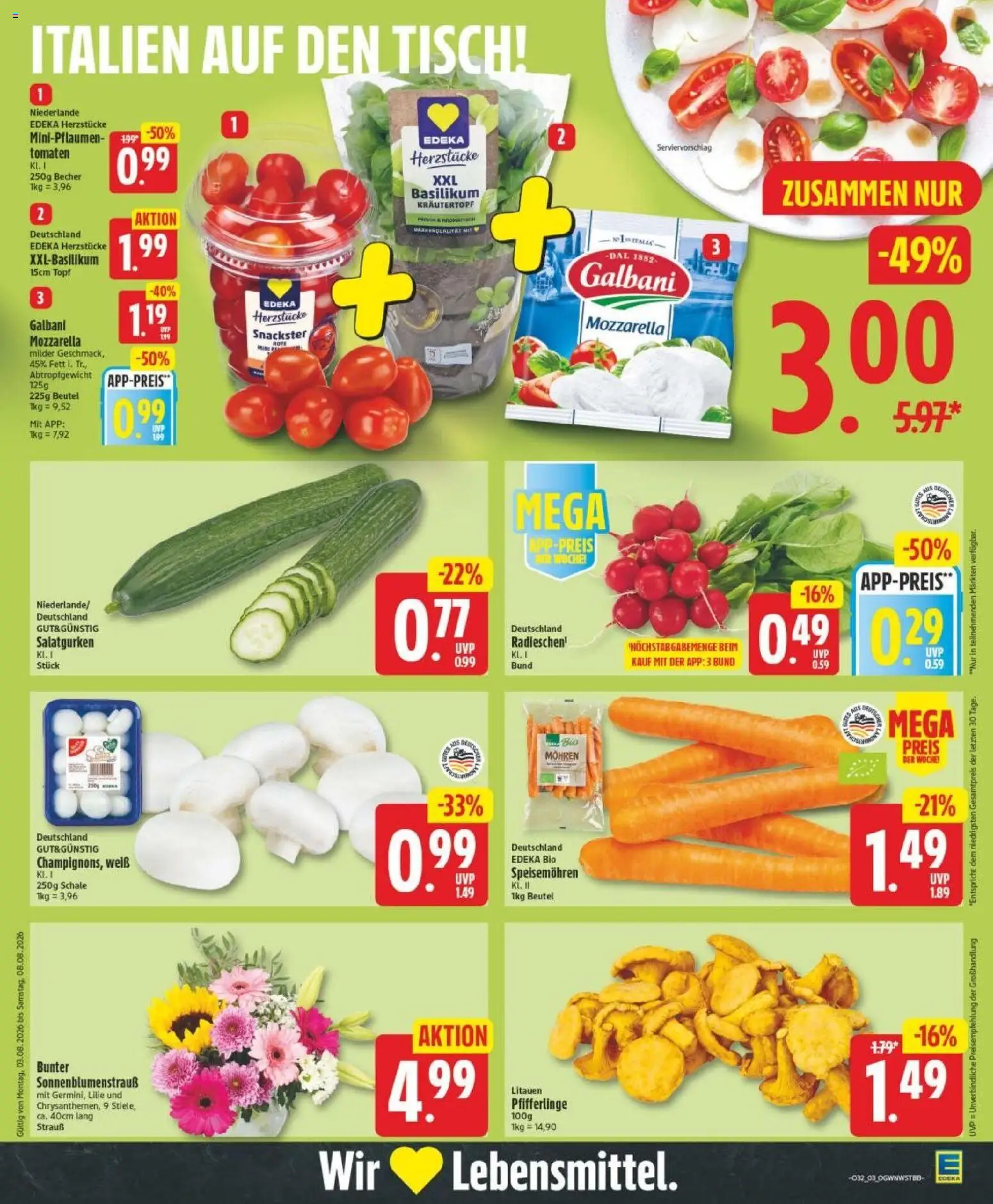 Edeka Prospekt Magdeburg – gültig ab 03.08.2026 | Seite: 3 | Produkte: Mozzarella, Tomaten, Mohren, Pfifferlinge