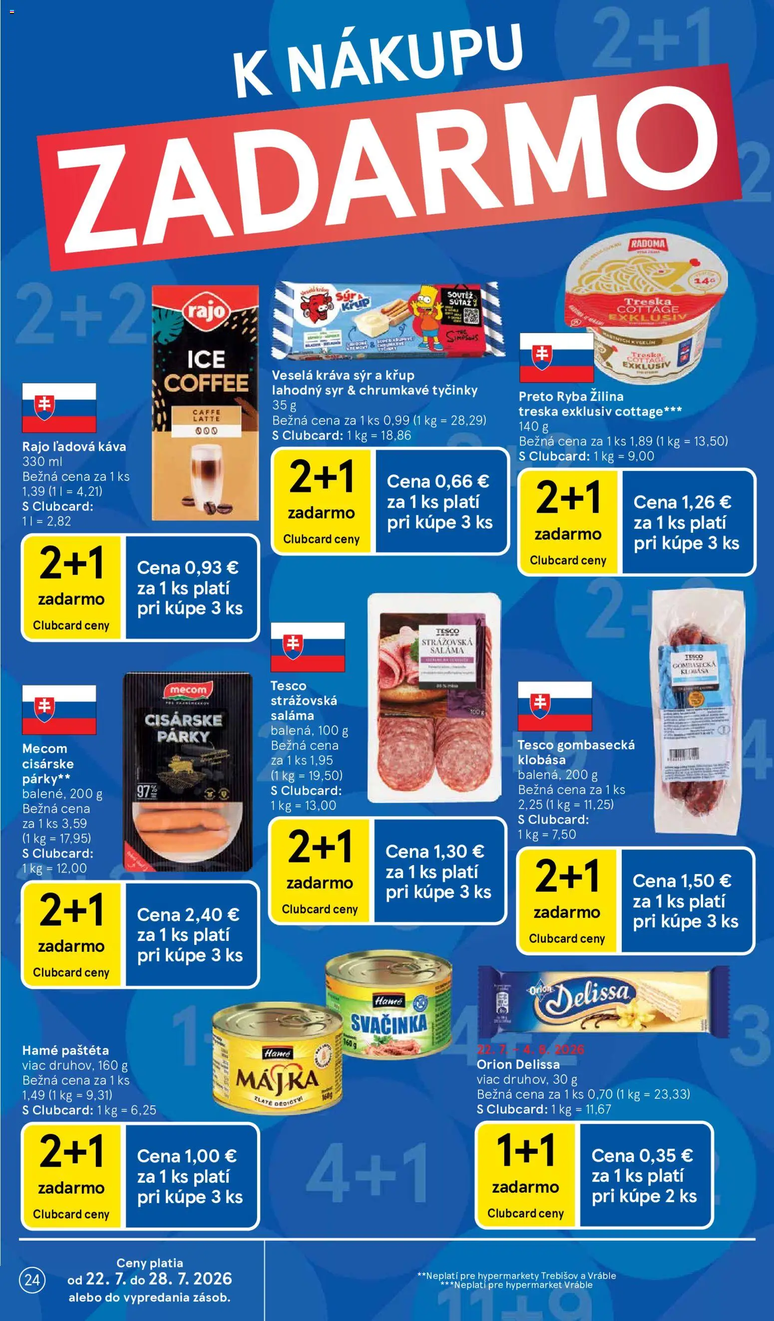 Nové Tesco akcie – leták je platný od 22.07.2026 | Strana: 24 | Produkty: Káva, Klobása, Ryba, Párky