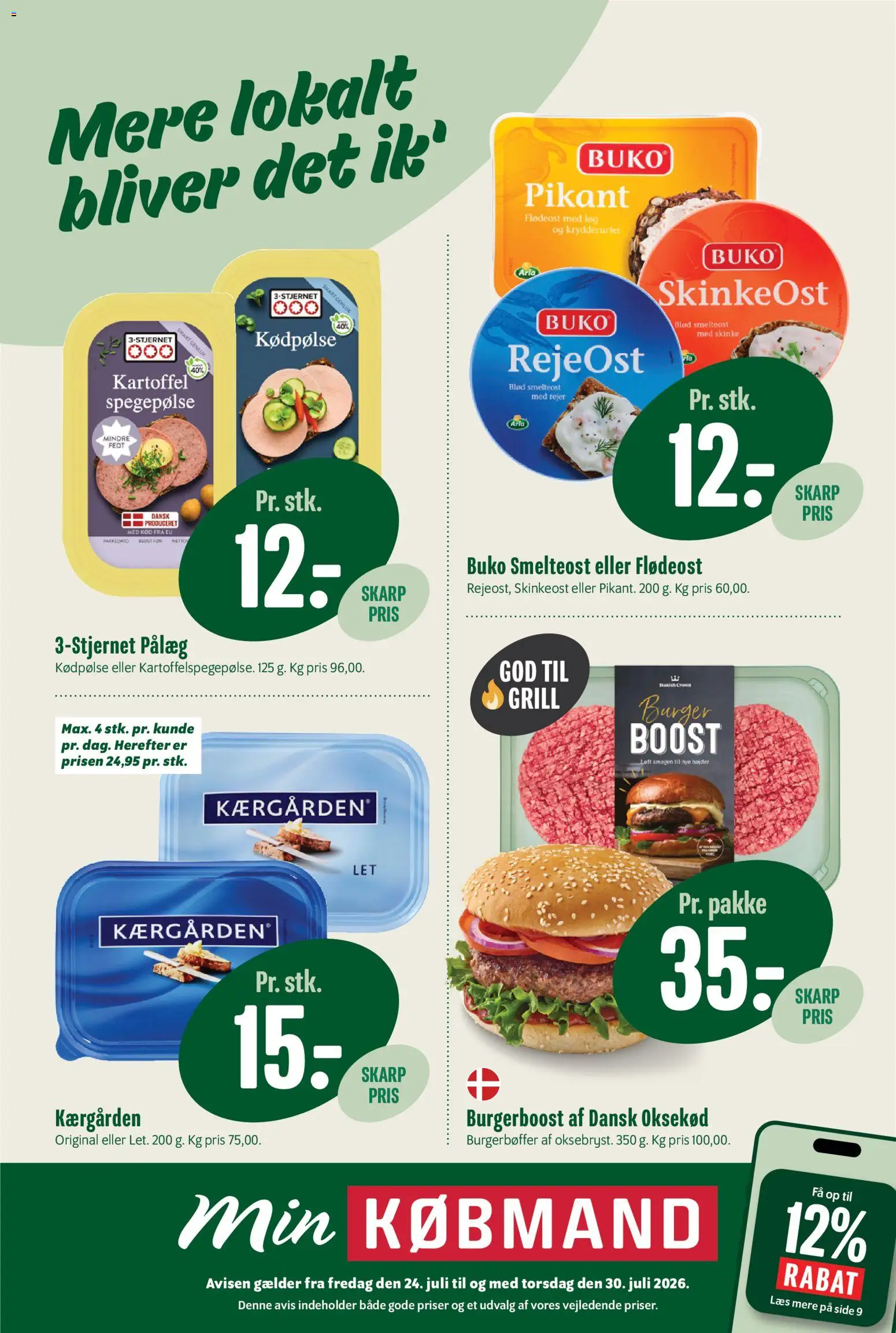 Min Købmand tilbudsavis – gyldig fra 24/07/2026 | Side: 1 | Produkter: Oksekød, Løg, Flødeost, Rejer