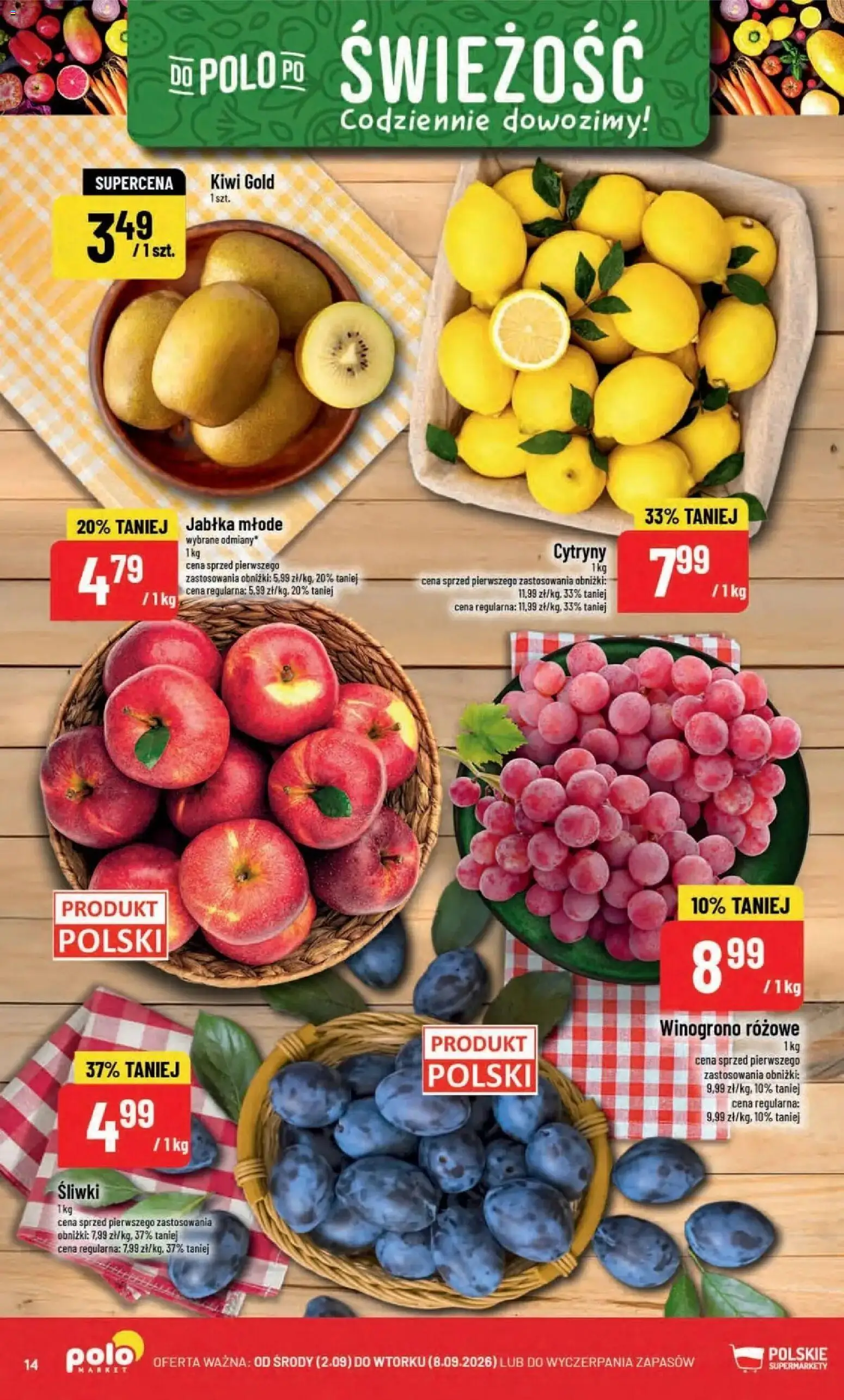 Nowa POLOmarket gazetka od jutra 02.09.2026 | Strona: 14 | Produkty: Winogrono, Cytryny, Śliwki, Jabłka