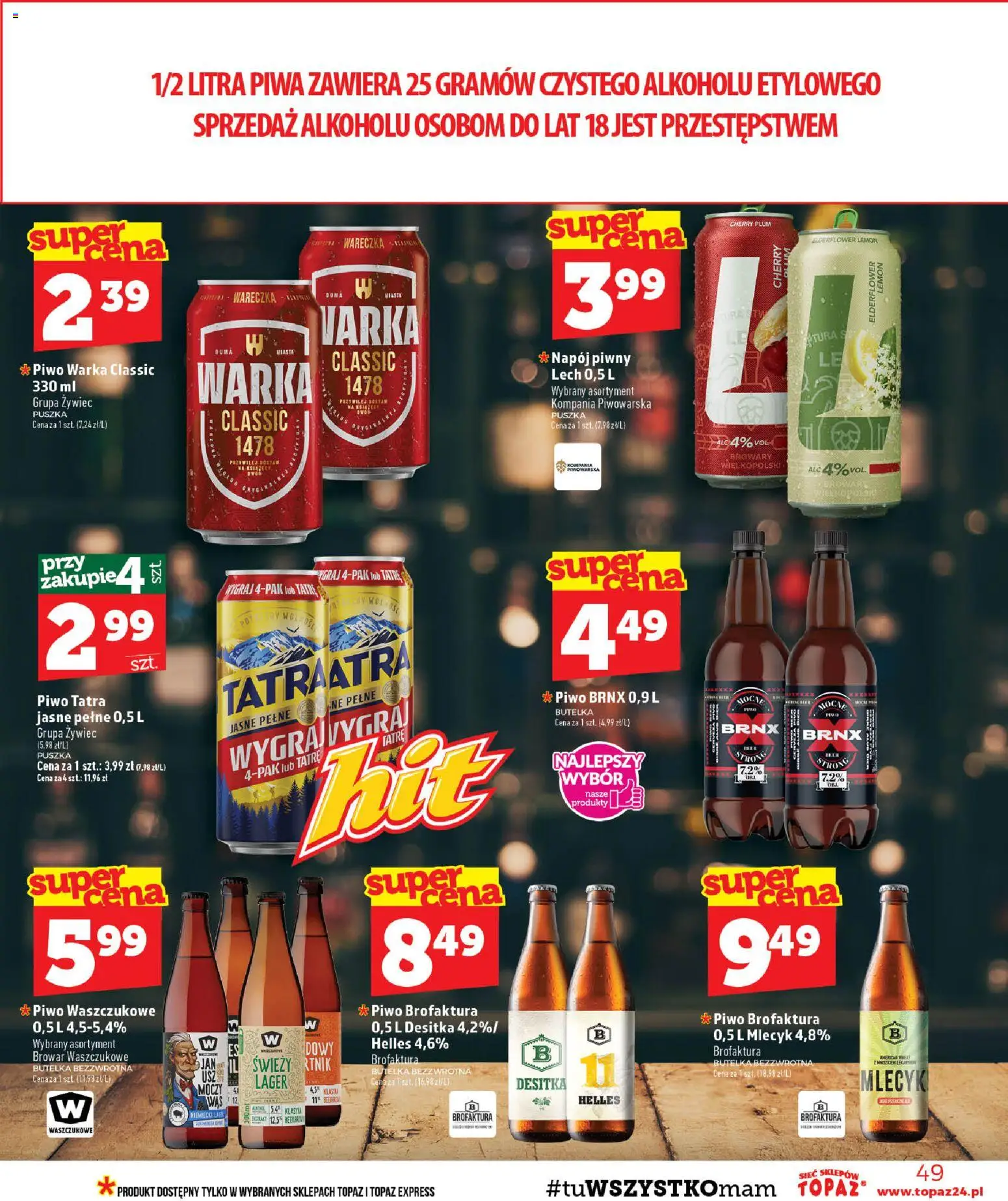 Topaz gazetka - Ceny małe na stałe od 03.09.2026 | Strona: 49 | Produkty: Lech, Warka, Piwo Warka, Piwo