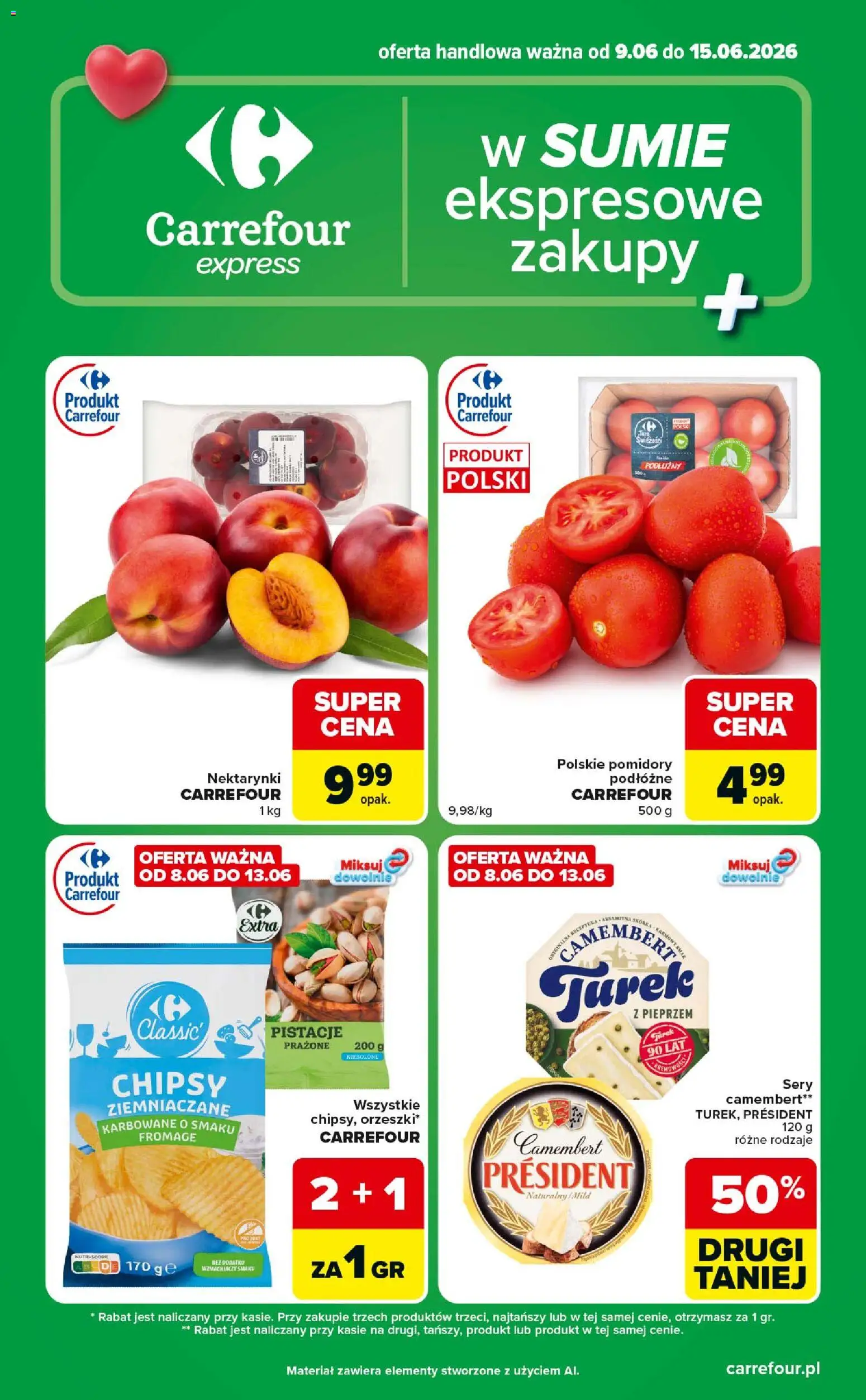 Carrefour gazetka - Express od 09.06.2026 | Strona: 1 | Produkty: Chipsy, Camembert, Sery, Pomidory
