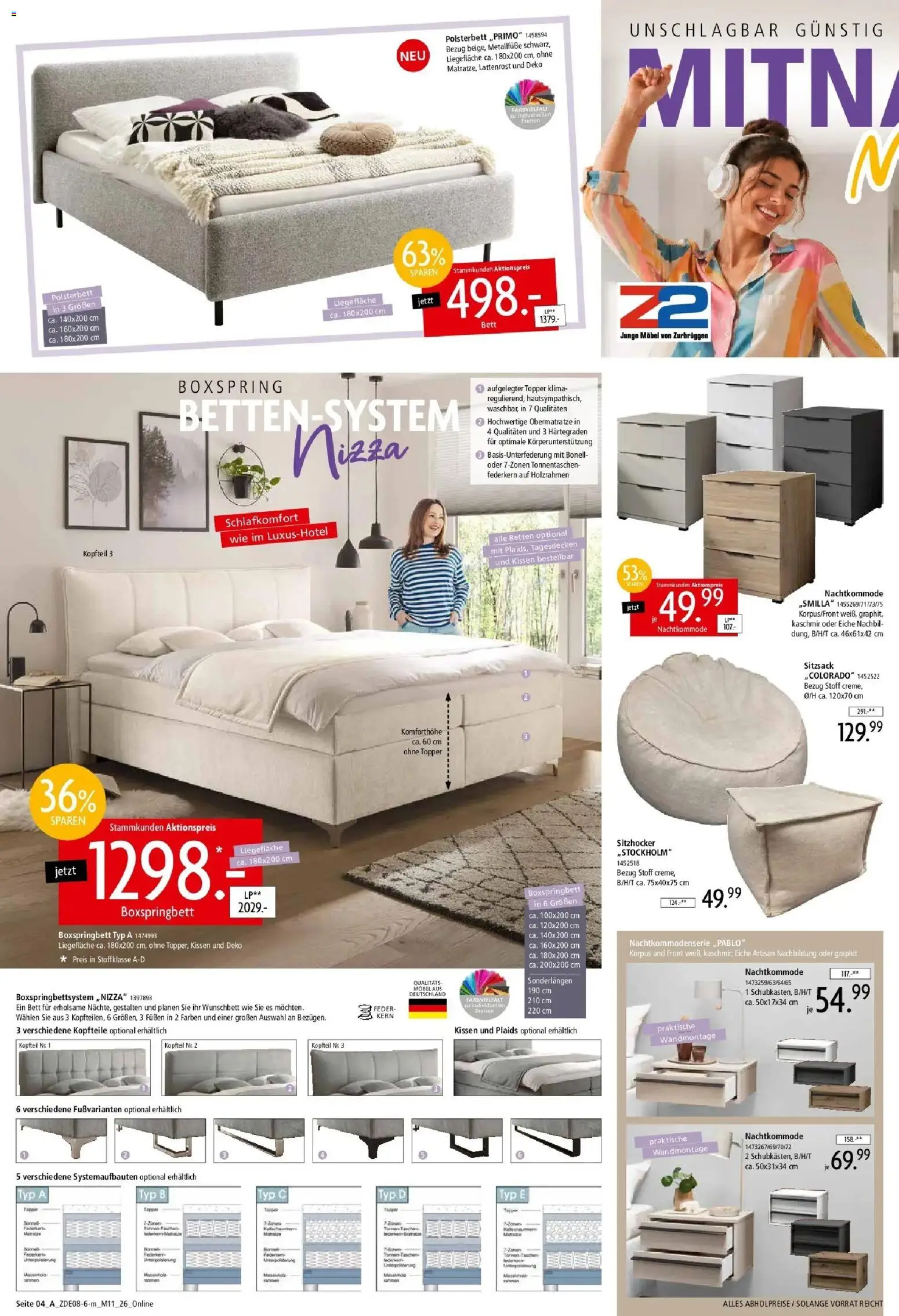 Zurbrüggen - Zurbrüggen: Mitnahme Möbel – gültig ab 29.08.2026 | Seite: 8 | Produkte: Bett, Kissen, Polsterbett, Topper