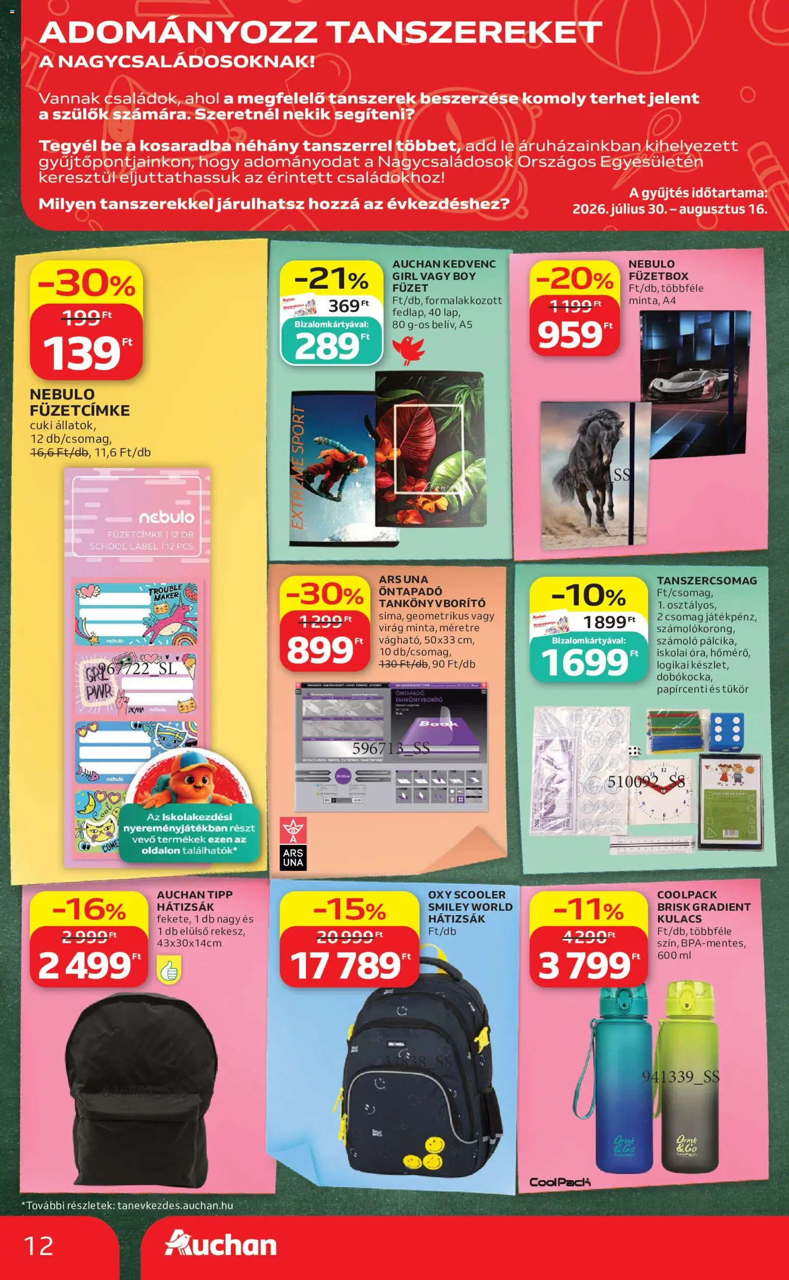 Auchan akciós ujság - amely érvényes a következő dátumtól: 2026.07.30. | Oldal: 12 | Termékek: Hátizsák, Virag, Kulacs, Tükör