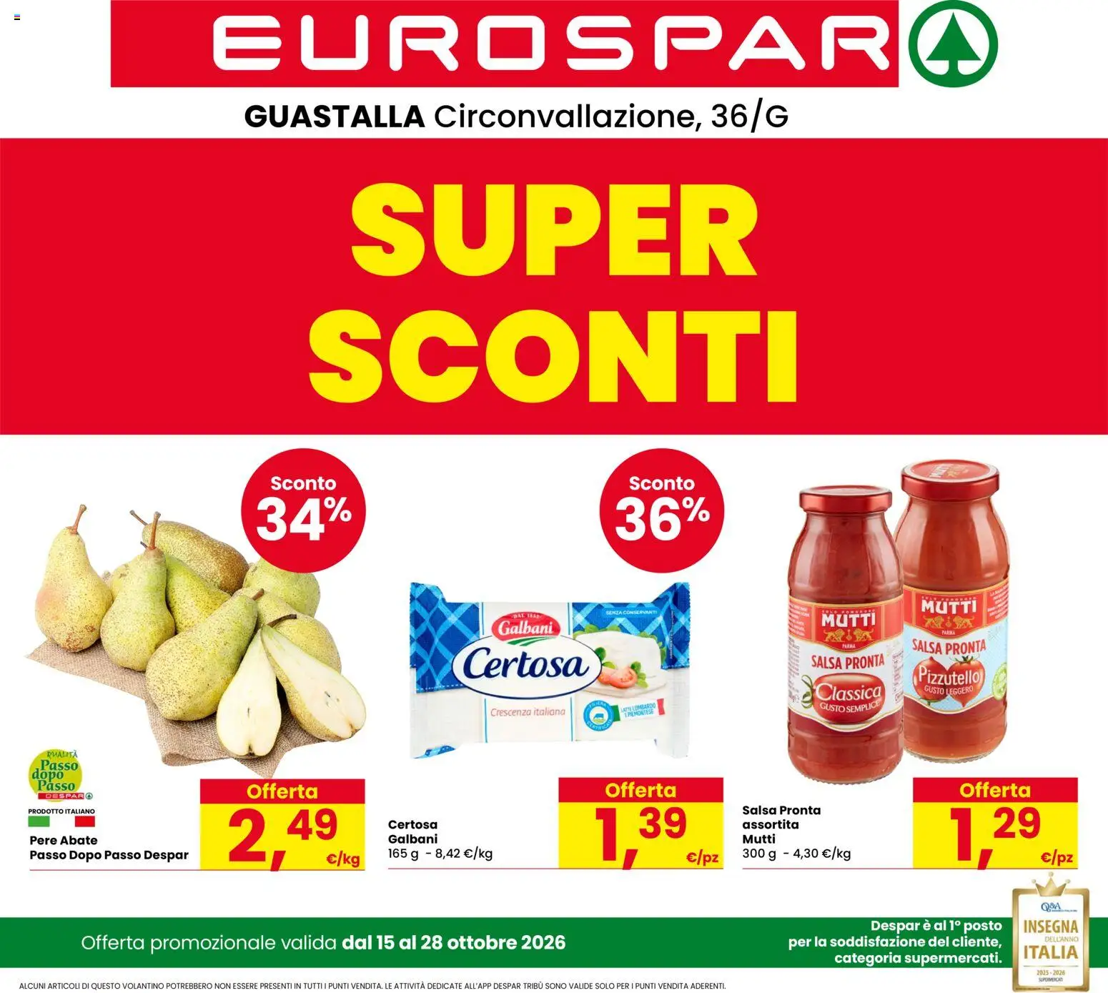 Volantino Eurospar del 15/10/2026 | Pagina: 1 | Prodotti: Pere, Salsa, Mutti, Crescenza