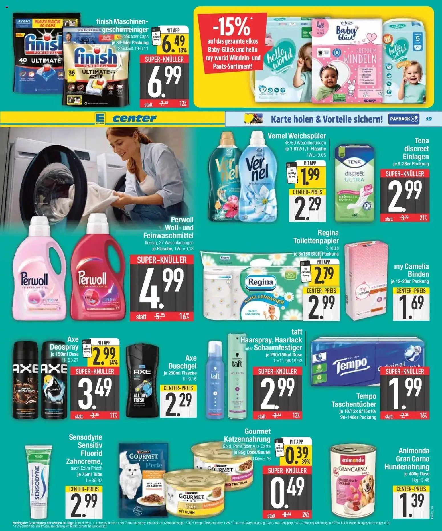 E center Prospekt Ottobrunn (ab 19.10.2026) zum Blättern | Seite: 19 | Produkte: Duschgel, Weichspüler, Deospray, Vernel