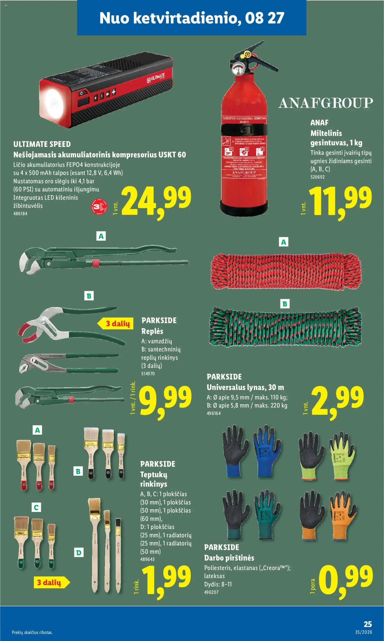 LIDL akcijos nuo 2026.08.24 | Puslapis: 25 | Prekių: Akumuliatorius, Pirštines