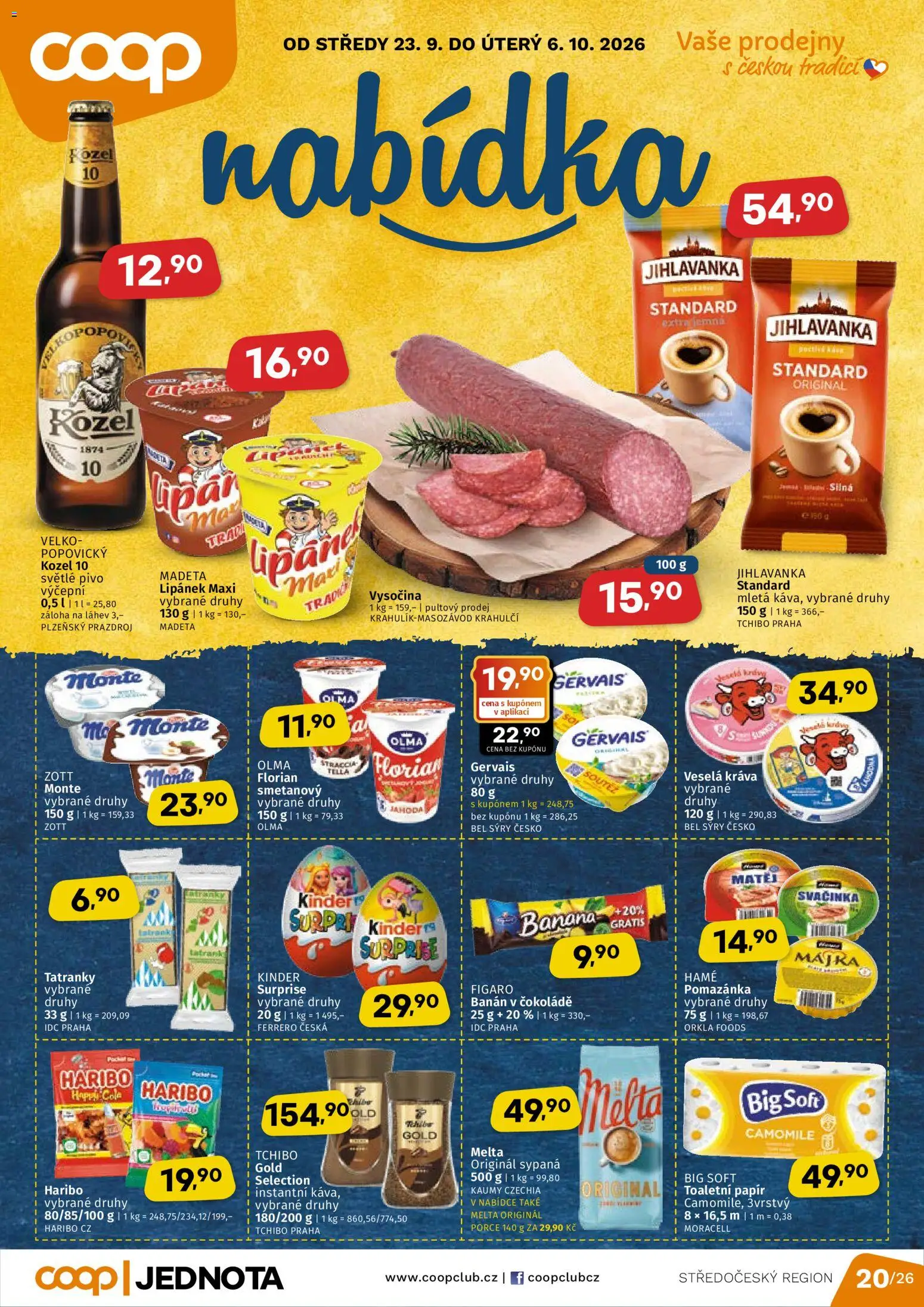Coop leták - Středočeský region od 23.09.2026 | Strana: 1 | Produkty: Lipánek, Pomazánka, Kinder, Láhev