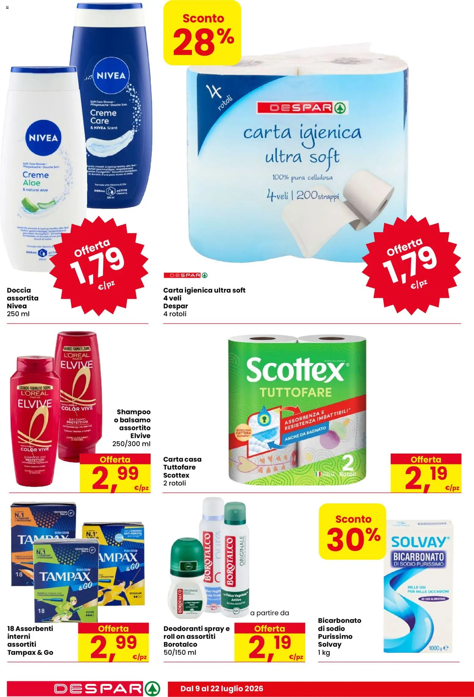 Volantino Despar del 09/07/2026 | Pagina: 14 | Prodotti: Shampoo, Carta igienica, Bicarbonato, Polo