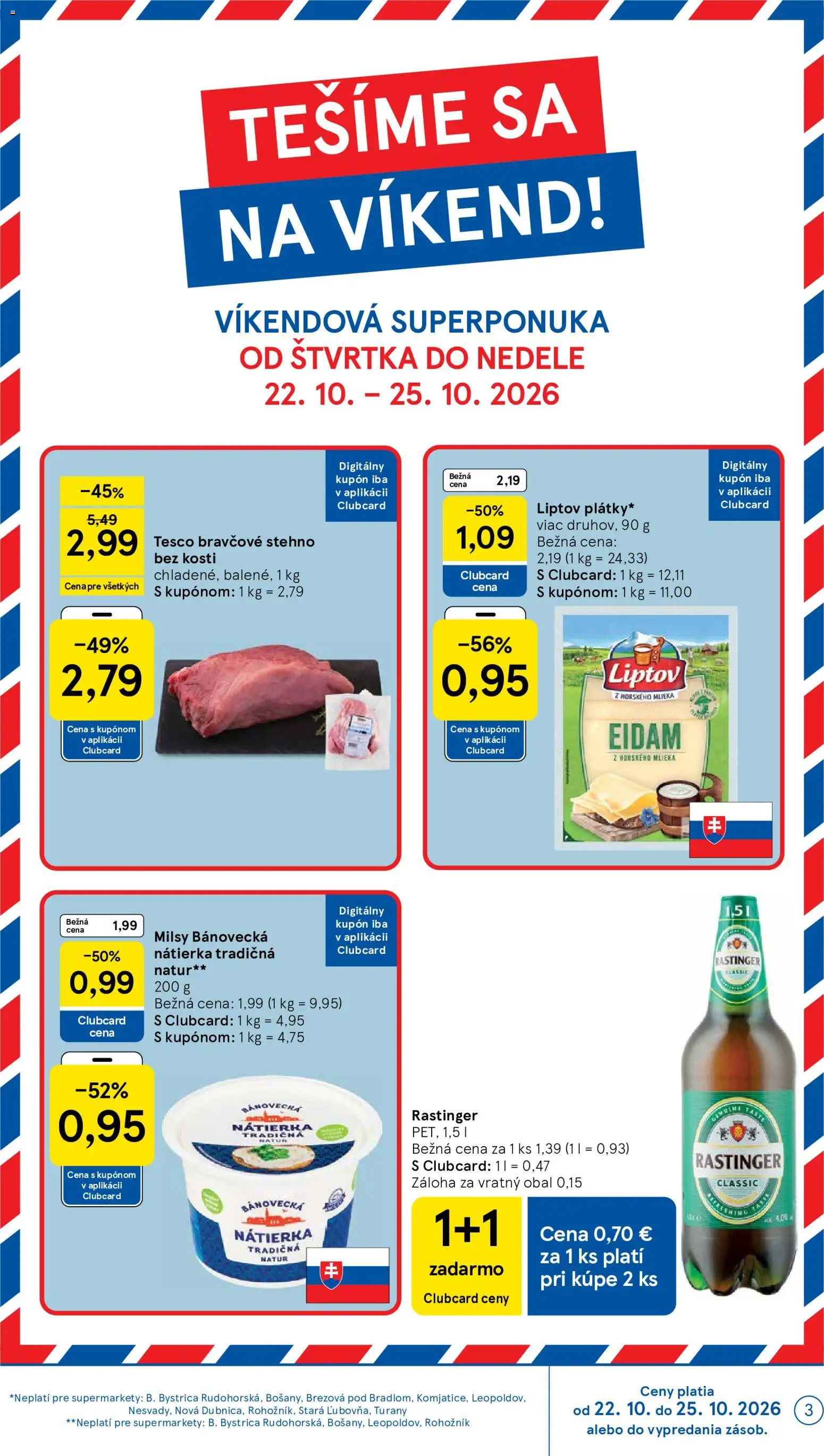 Nové Tesco akcie – leták je platný od 21.10.2026 | Strana: 3 | Produkty: Eidam, Nátierka, Bravčové stehno