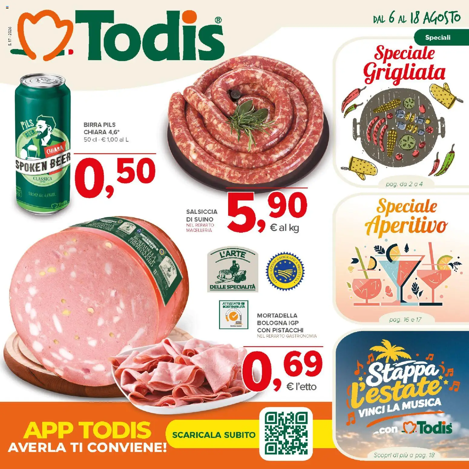 Volantino Todis del 06/08/2026 | Pagina: 1 | Prodotti: Birra, Salsiccia, Mortadella, Pistacchi