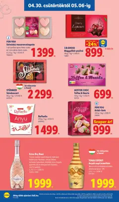 Extra Dry Rosé, Frissen szedett szamócával és málnával találkozunk illatában, melyet ízében kellemes buborékok, mézédes piros bogyós gyümölcsök és könnyed test fűszerez. +50 Ft betétdíj 0,75 l - amely érvényes a következő dátumtól: 30.04.2026 | Oldal: 22 | Termékek: Raffaello, Krémlikőr, Praliné, Csokoládé