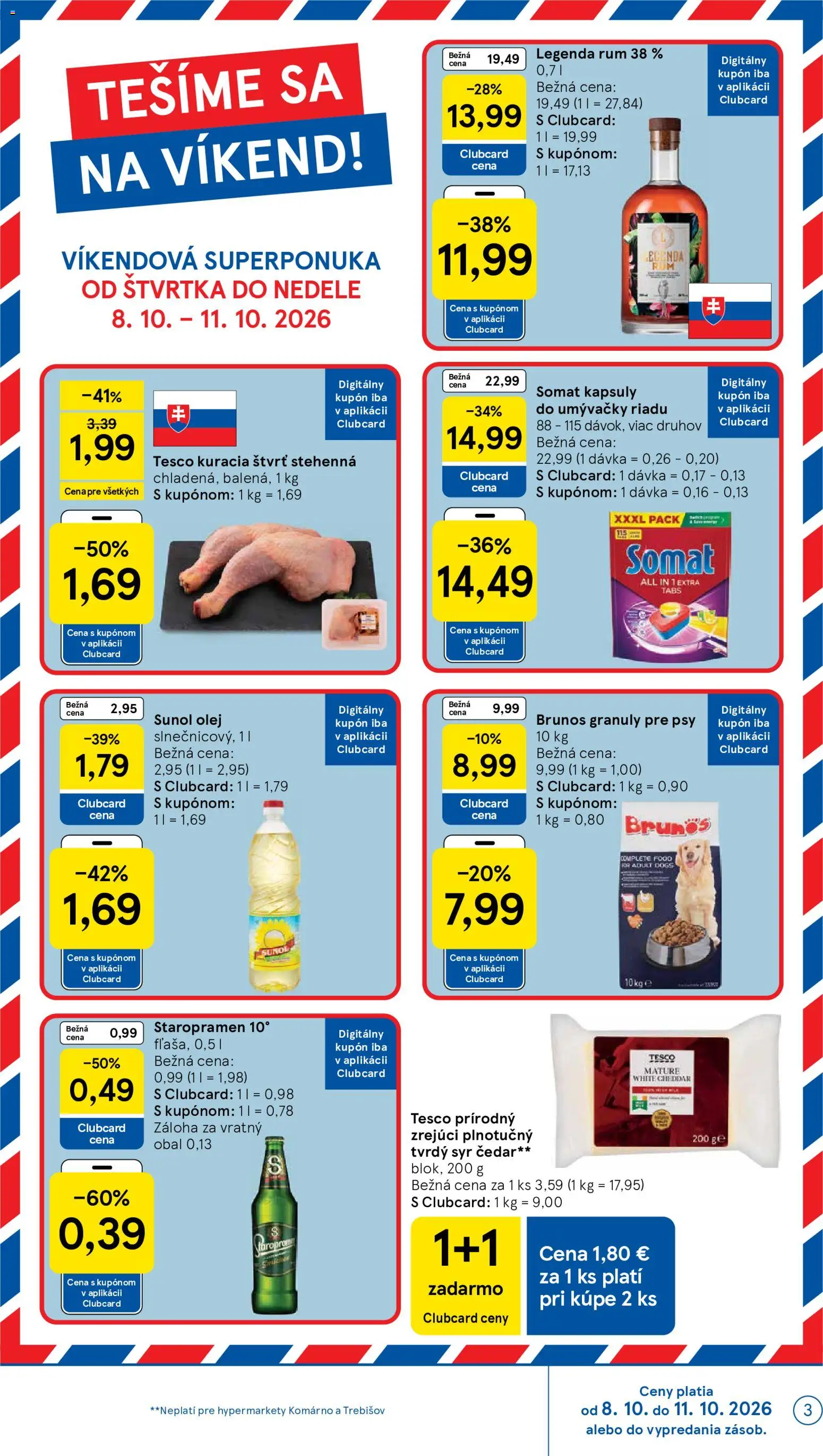 Nové Tesco akcie – leták je platný od 07.10.2026 | Strana: 3 | Produkty: Cheddar, Kapsuly do umývačky riadu, Tvrdý syr, Rum