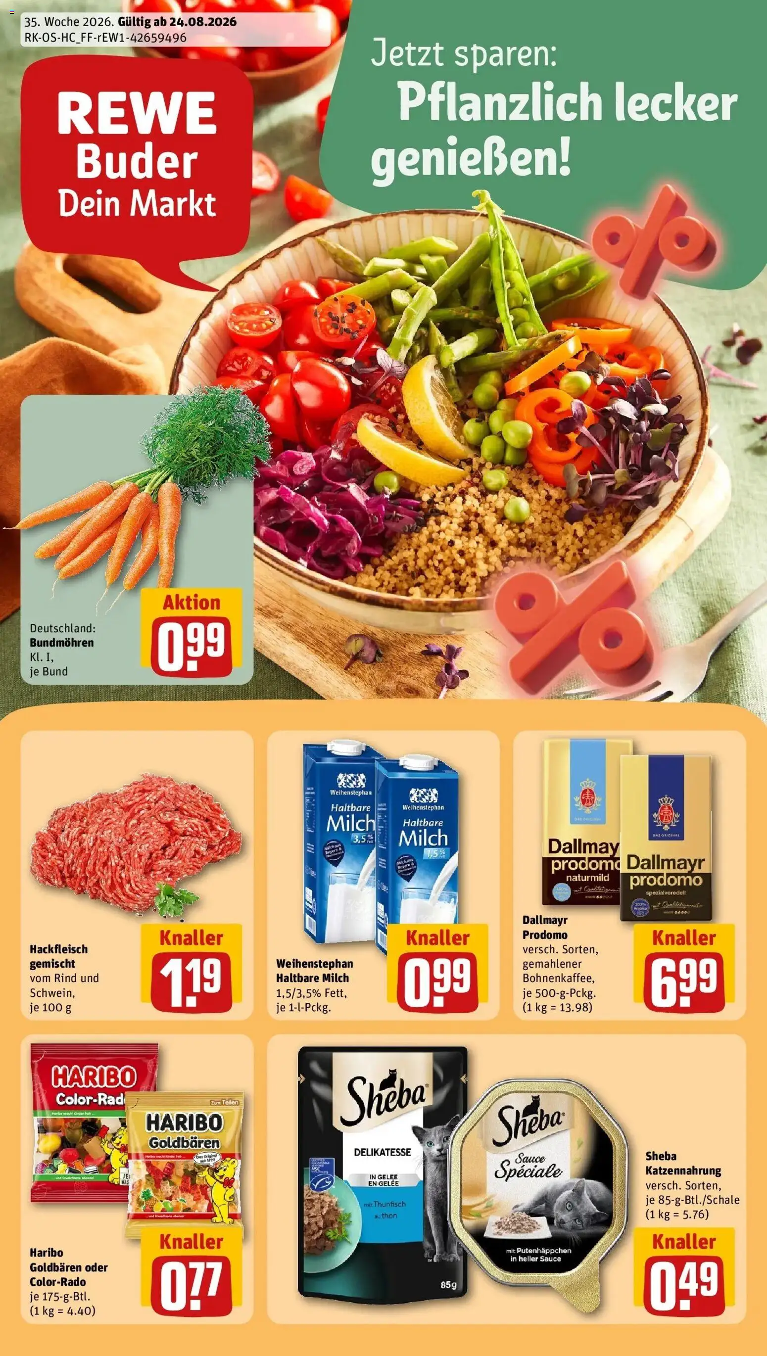 REWE Prospekt ab 24.08.2026 zum Blättern » Angebote | Seite: 1 | Produkte: Haribo, Thunfisch, Haltbare milch, Hackfleisch