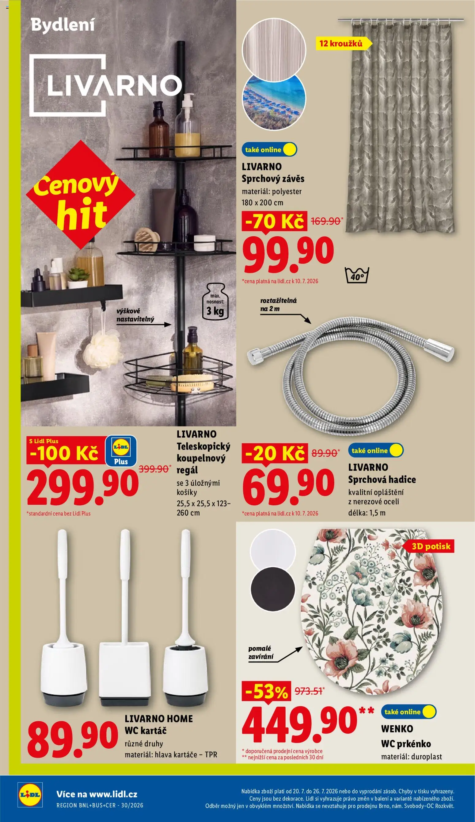 Lidl leták od 20.07.2026 | Strana: 34 | Produkty: Sprchový závěs, Hadice, Koupelnový regál, Kartáč