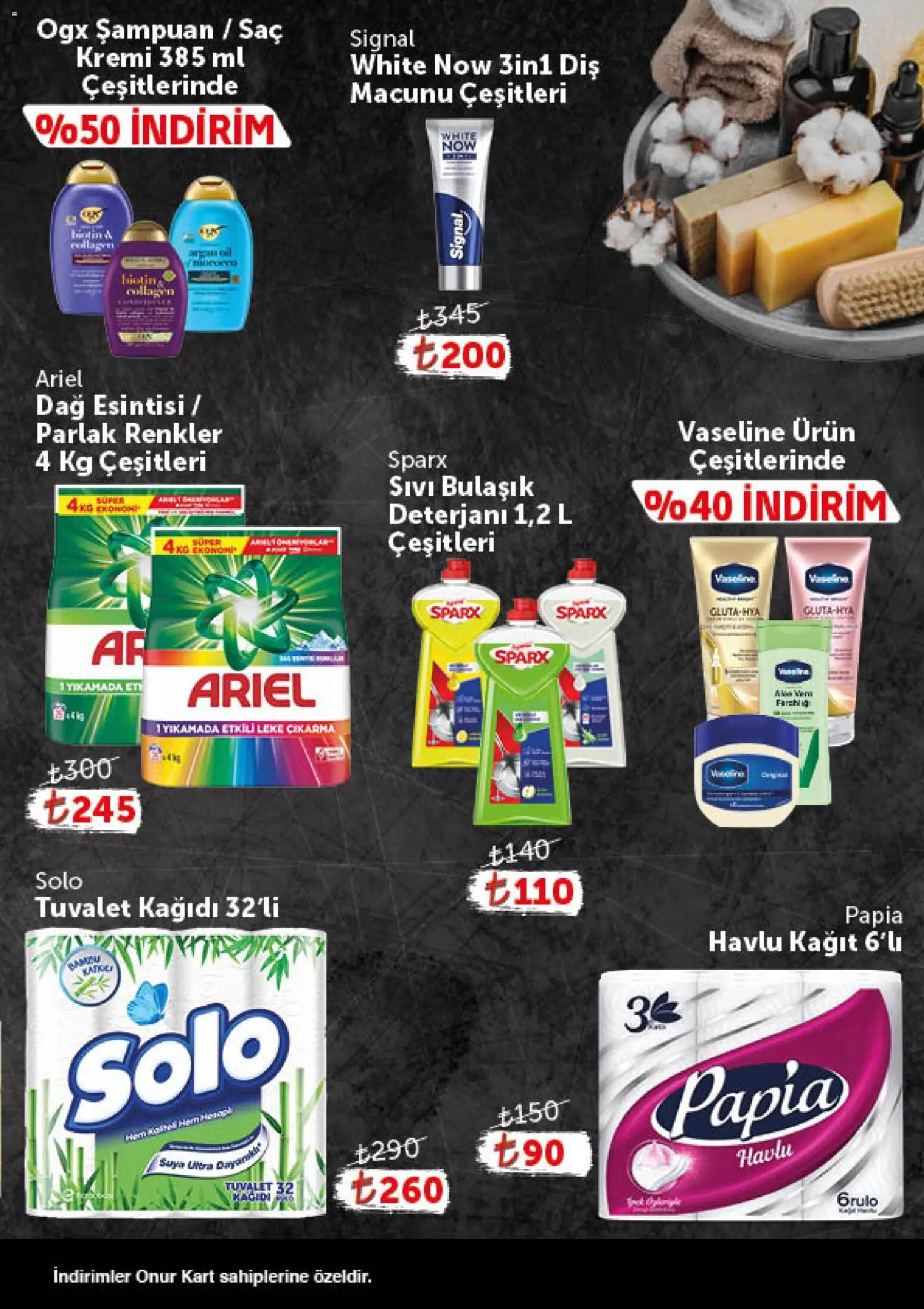 Onur Market - Katalog Gurme - 16.06.2026 tarihinden itibaren geçerlidir | Sayfa: 11 | Ürünler: Tuvalet, Saç Kremi, Diş macunu, Tuvalet kağıdı