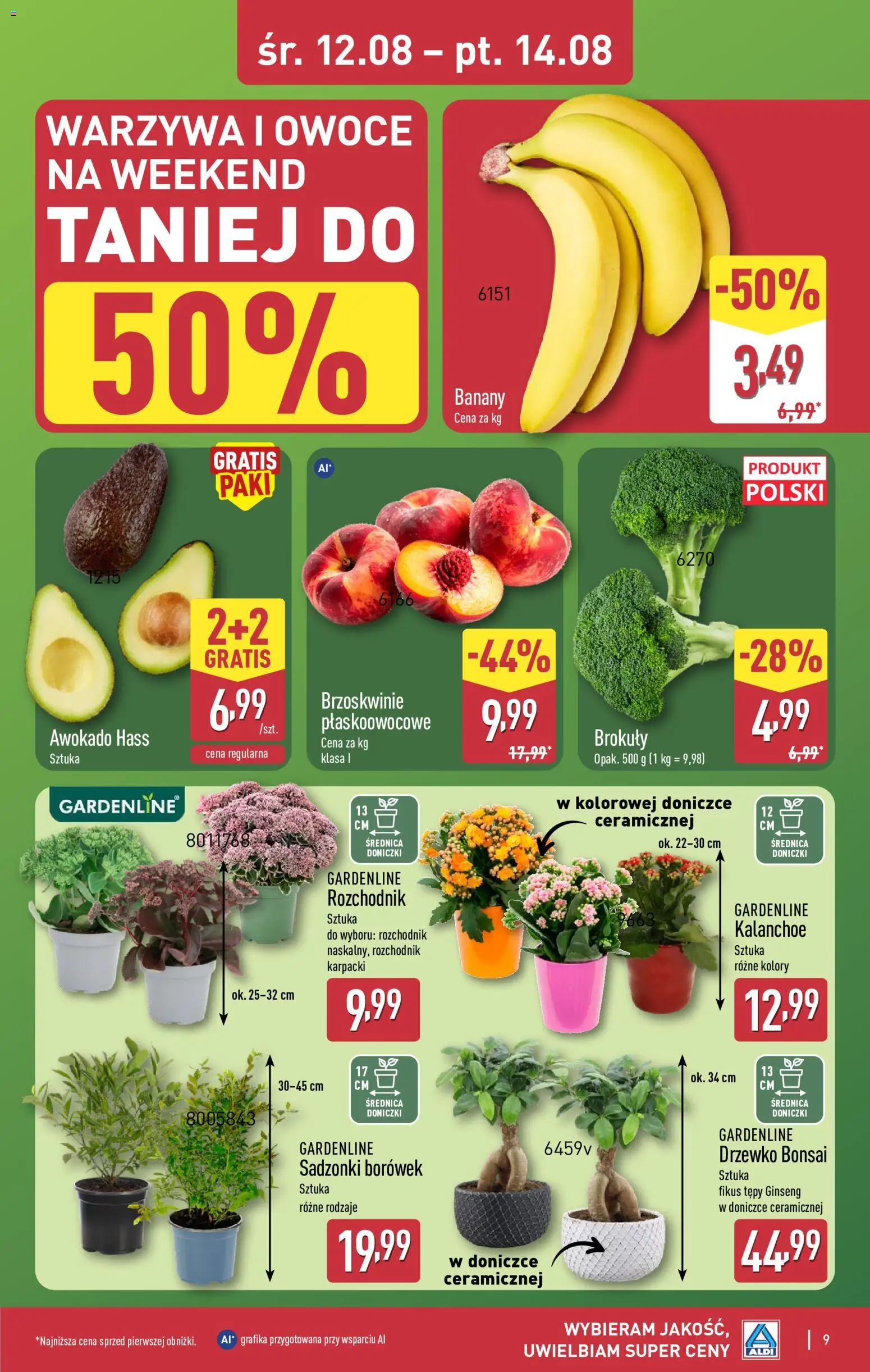Aldi gazetka - Oferta weekendowa od 12.08.2026 | Strona: 9 | Produkty: Kalanchoe, Banany, Warzywa, Owoce