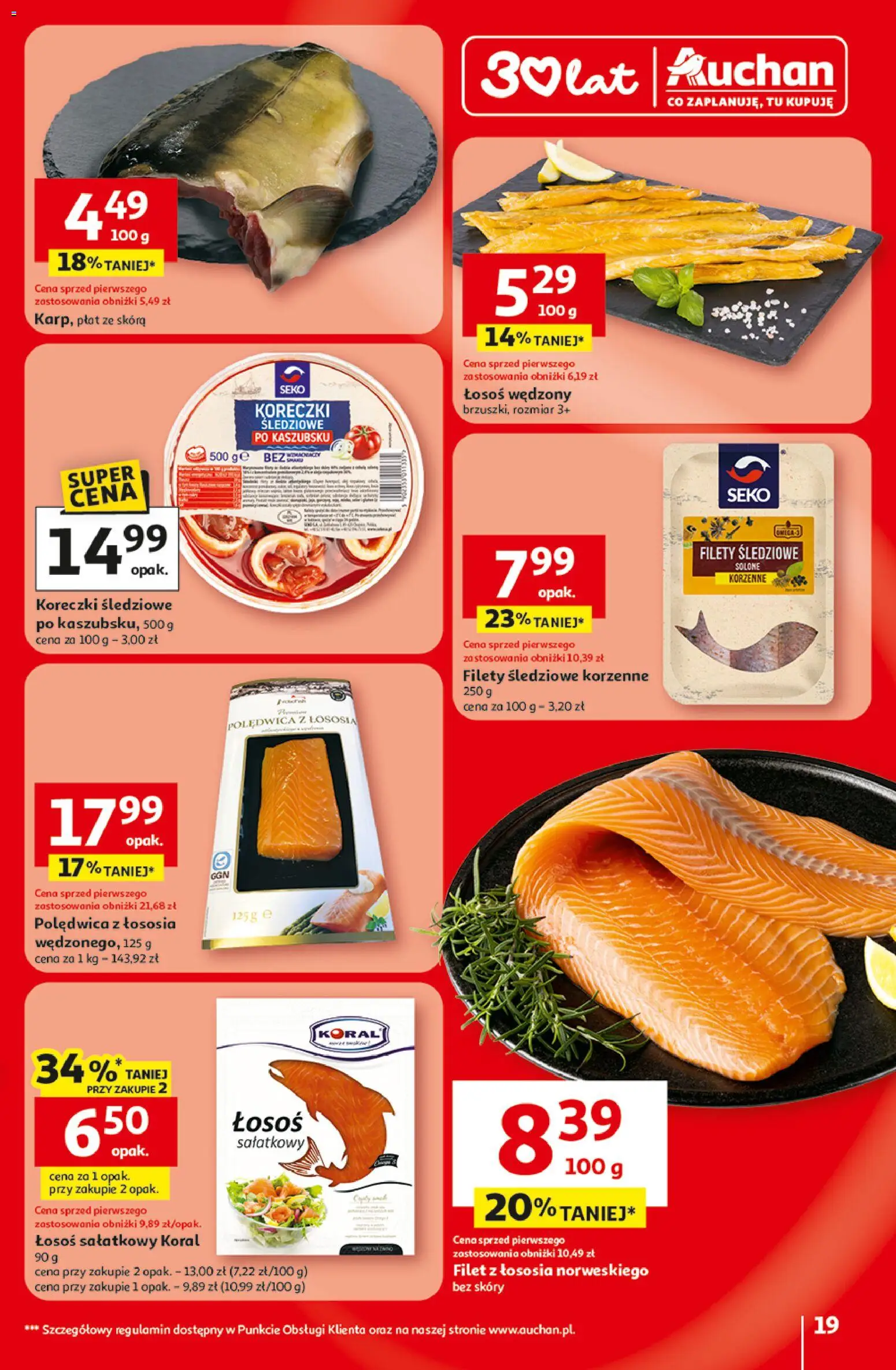 Auchan - Gazetka 30 Lat Hipermarket  od 09.04.2026 | Strona: 19 | Produkty: Łosoś wędzony, Łosoś, Filet z łososia