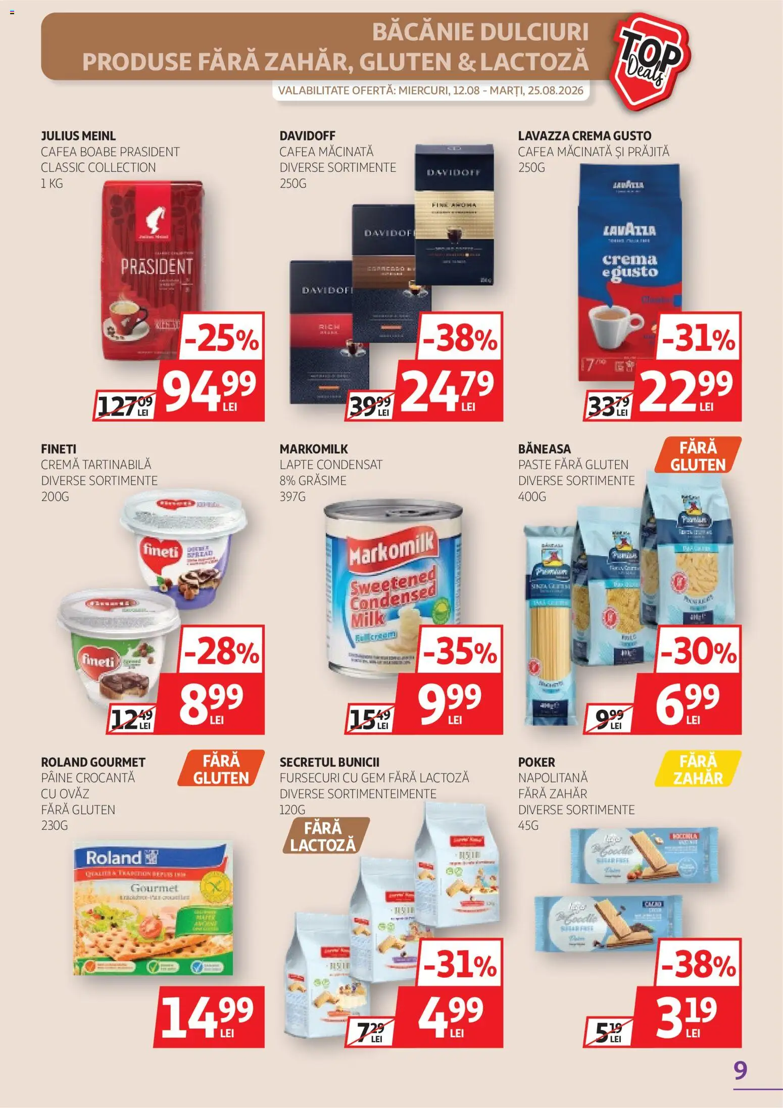 Noul catalog Auchan – valabil de la 12.08.2026 | Pagină: 9 | Produse: Lapte, Cafea, Paste, Cremă tartinabilă