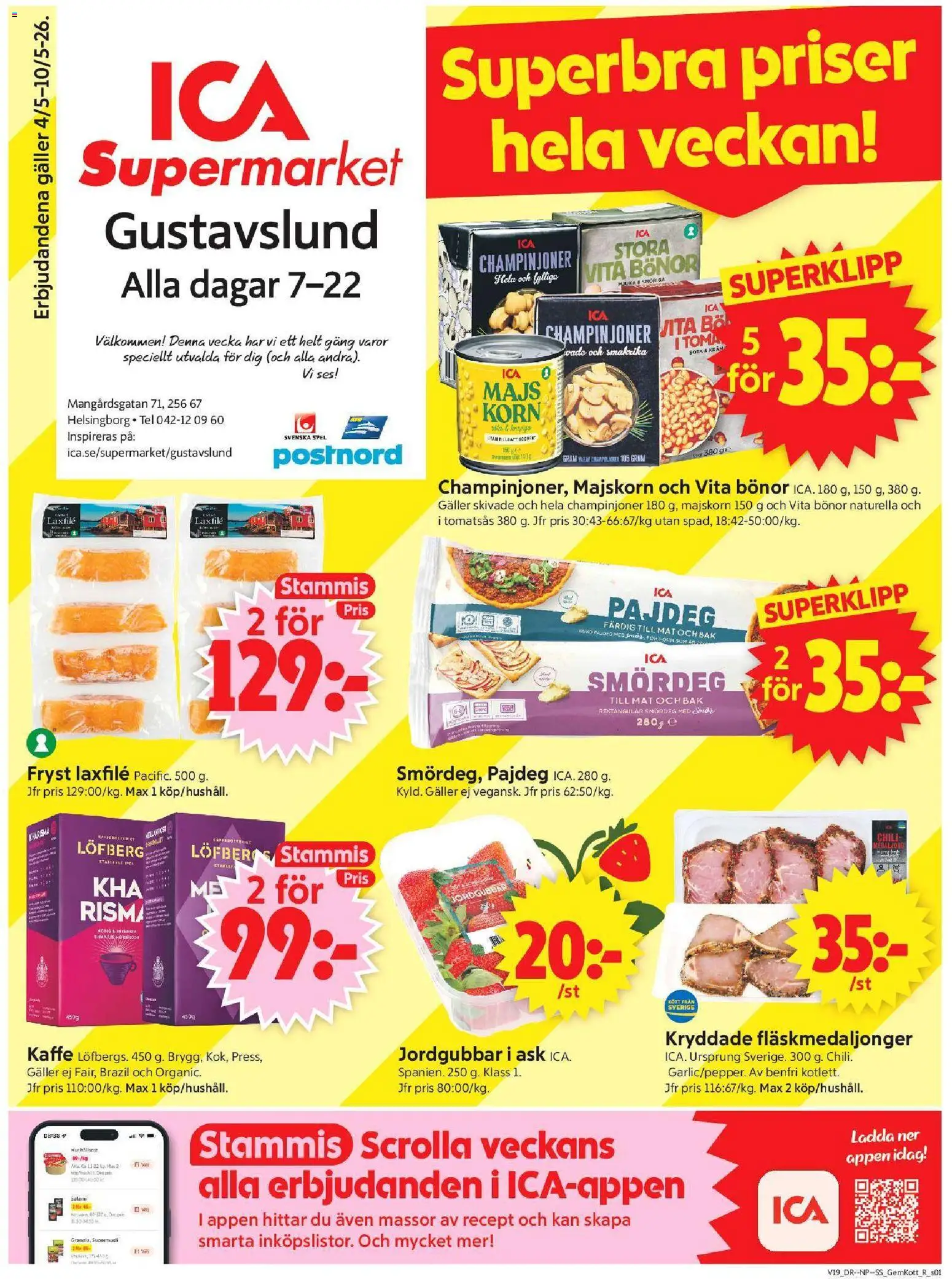 ICA Supermarket reklamblad aktuell från 04.05.2026 | Sida: 1 | Produkter: Galler, Salami, Tomatsås, Spel
