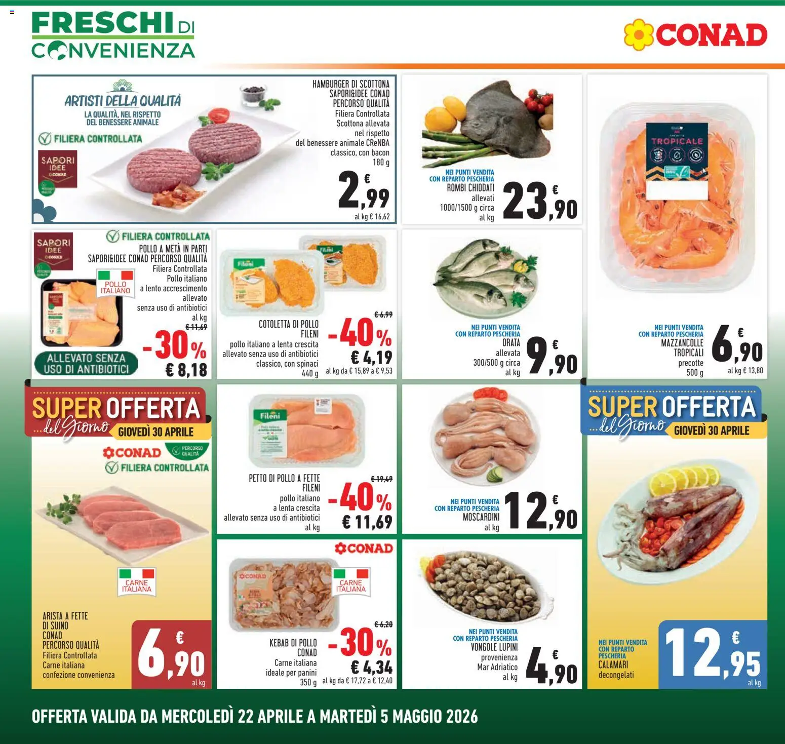 Volantino Conad del 22.04.2026 | Pagina: 4 | Prodotti: Petto di Pollo, Pollo, Mazzancolle, Hamburger