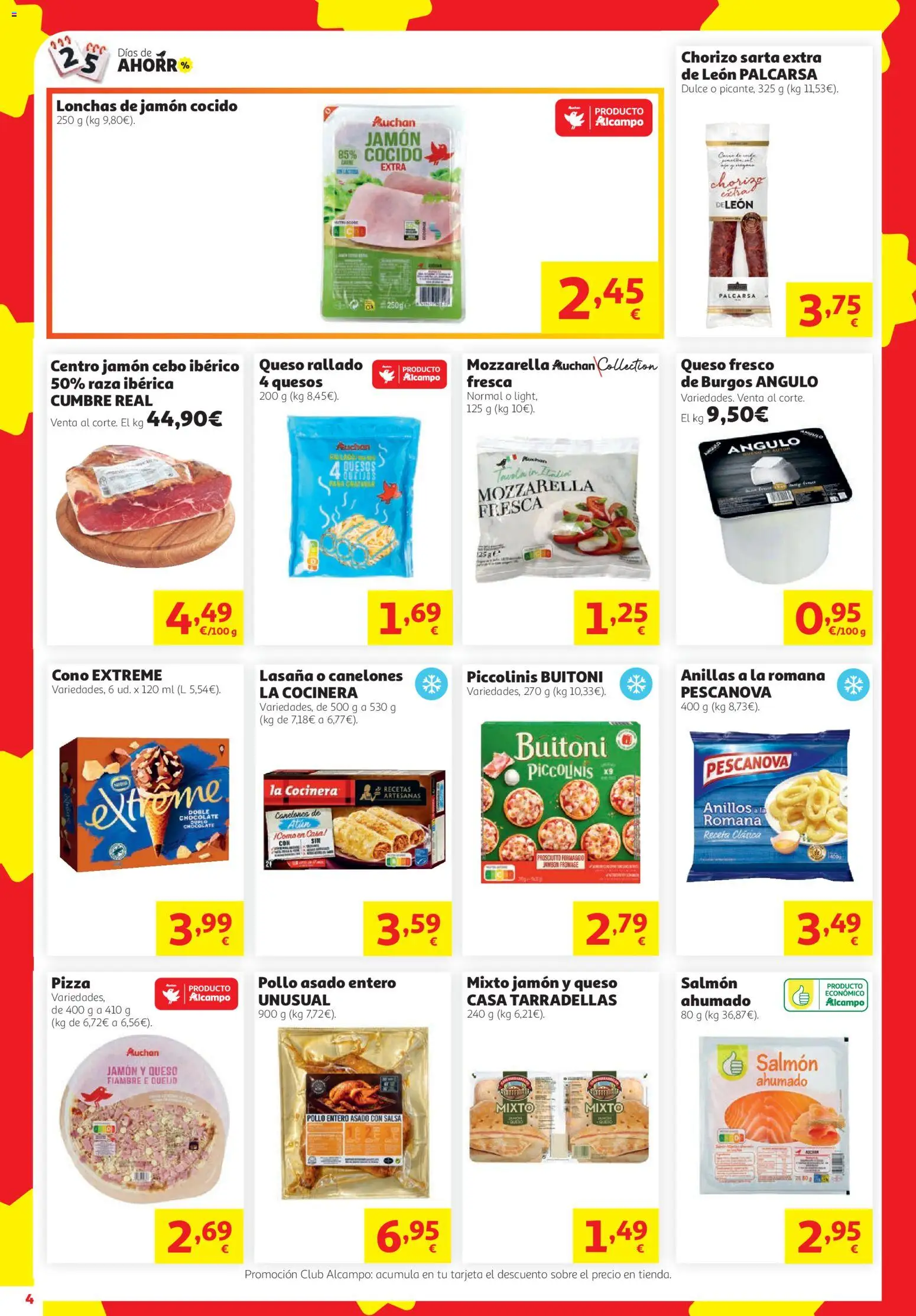Alcampo Supermercado │ válido desde el 08/10/2026 | Página: 4 | Productos: Jamón cocido, Mozzarella, Salmón, Canelones