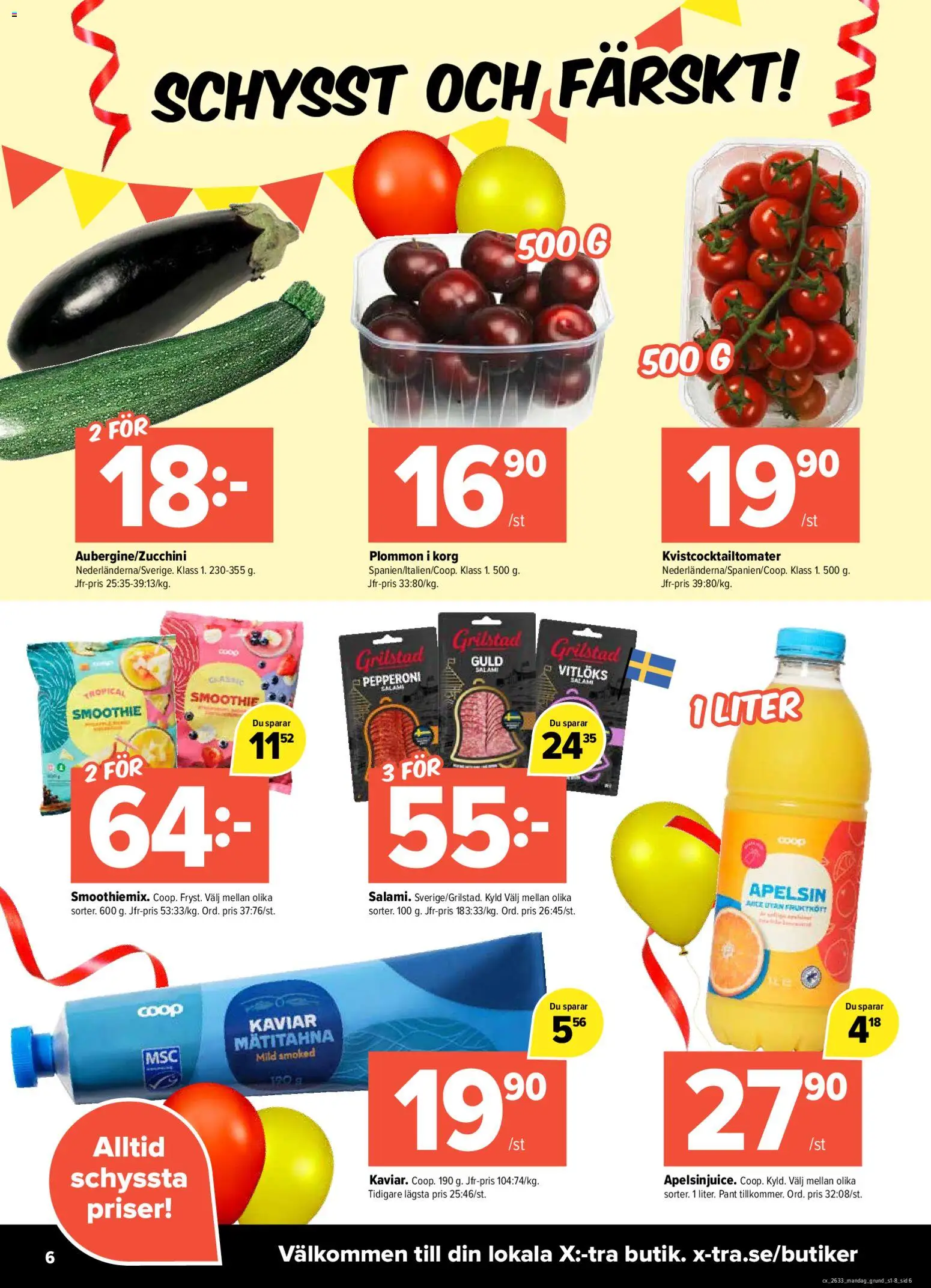 Coop X:-TRA reklamblad aktuell från 10/08/2026 | Sida: 6 | Produkter: Korg, Plommon, Salami, Apelsin