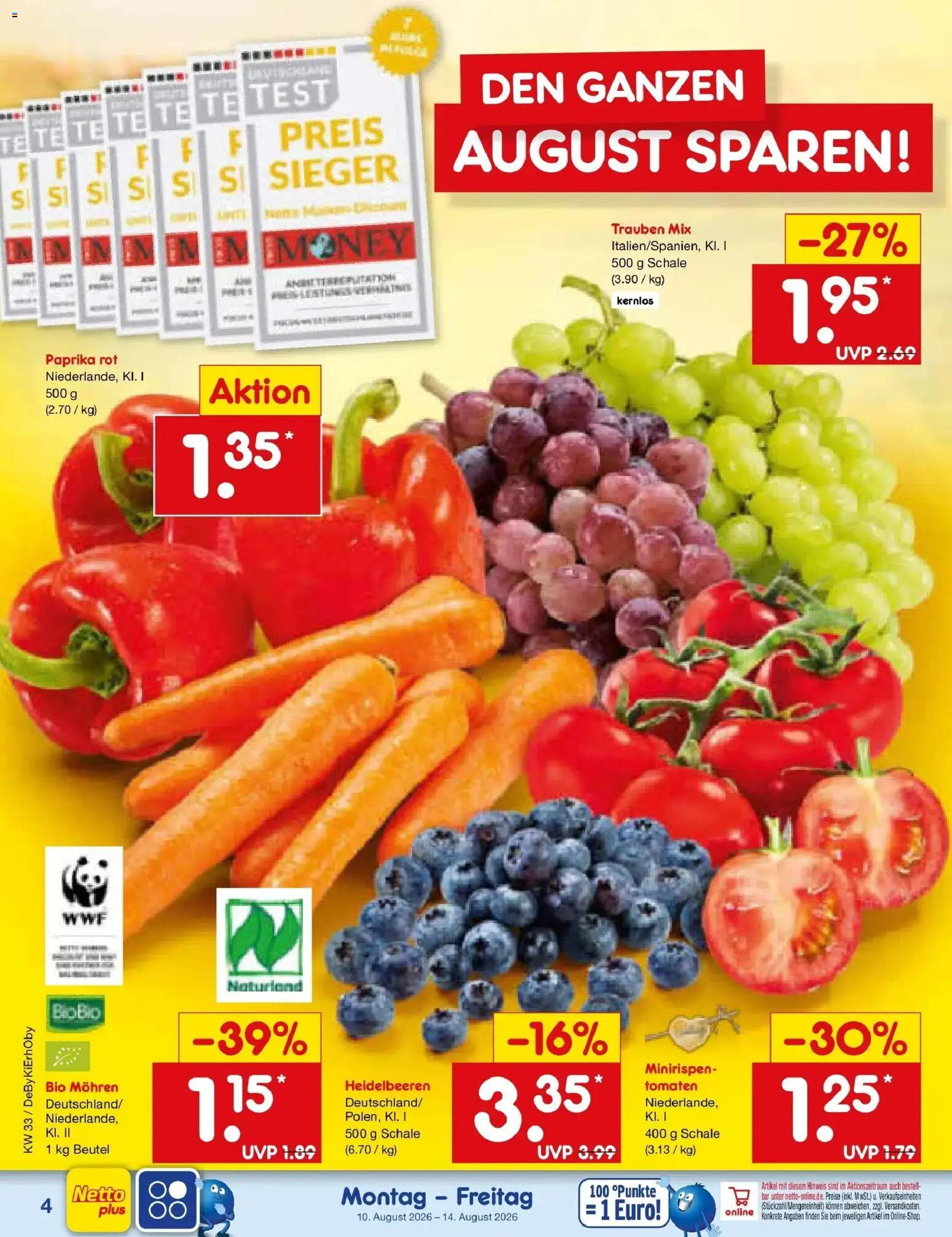 Netto Marken-Discount Prospekt Thierhaupten (ab 10.08.2026) » Angebote | Seite: 4 | Produkte: Trauben, Tomaten, Mohren, Paprika