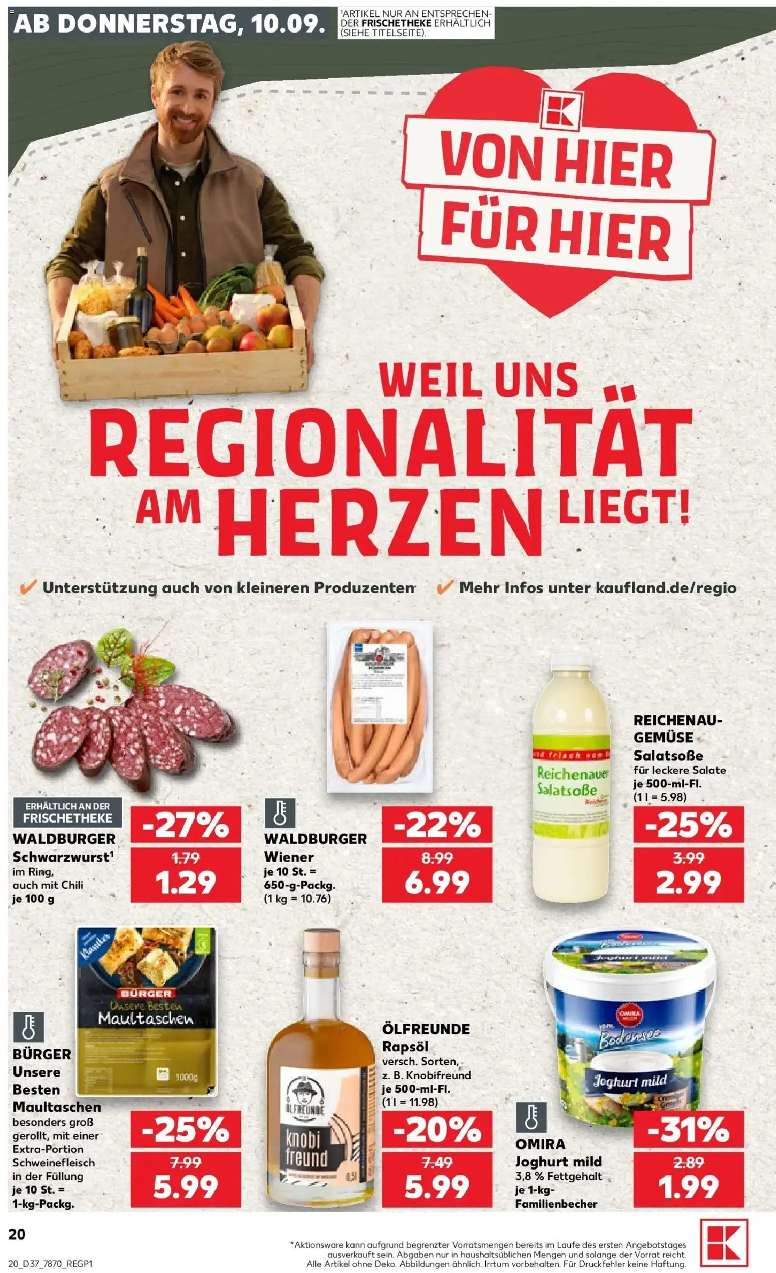Prospekt Kaufland ab 10.09.2026 » Angebote Online zum Blättern | Seite: 20 | Produkte: Joghurt, Burger, Gemüse, Maultaschen