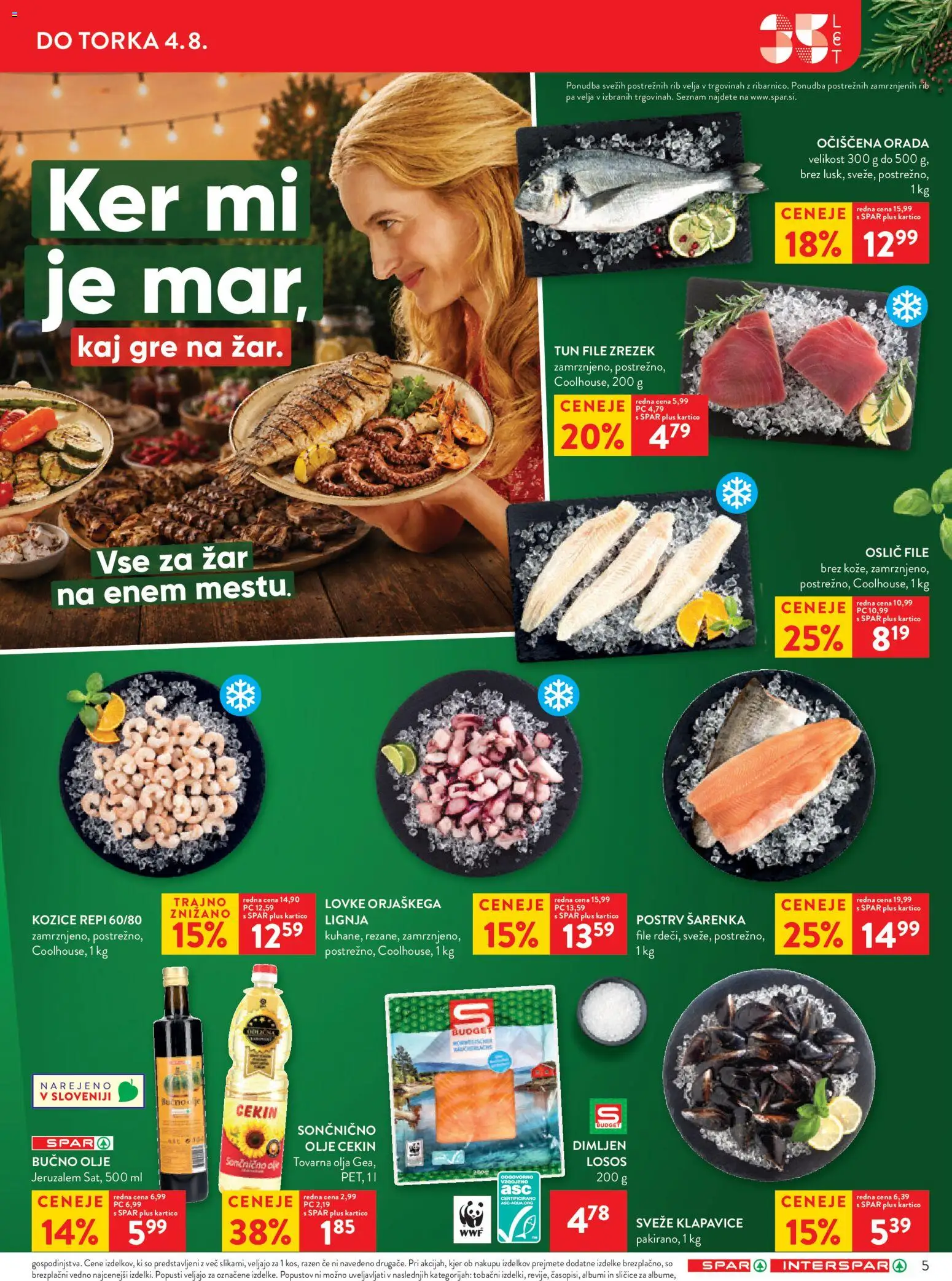 Novi Spar katalog ponudbe – veljaven od 27.07.2026 | Stran: 9 | Izdelki: Oslič, Postrv, Losos, Olje