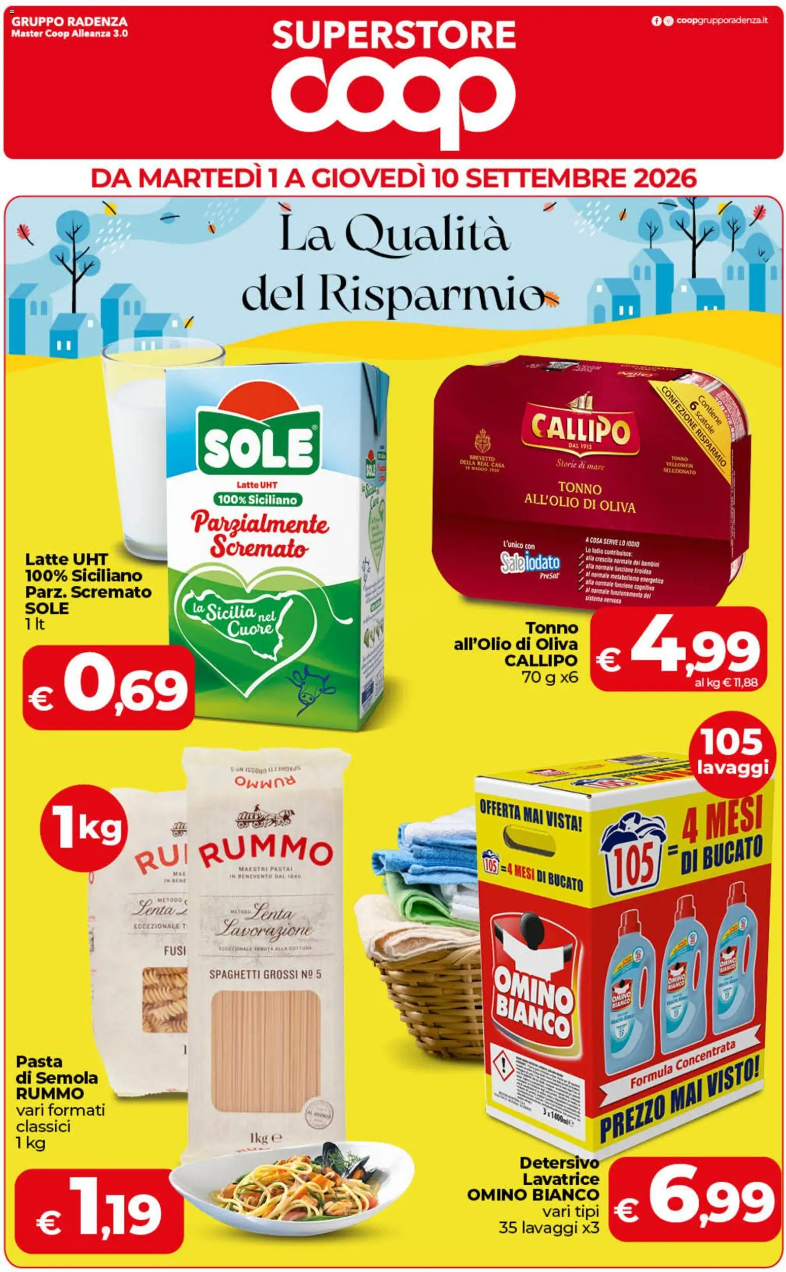 Volantino COOP del 01/09/2026 | Pagina: 1 | Prodotti: Rummo, Pasta di semola, Pasta, Lavatrice
