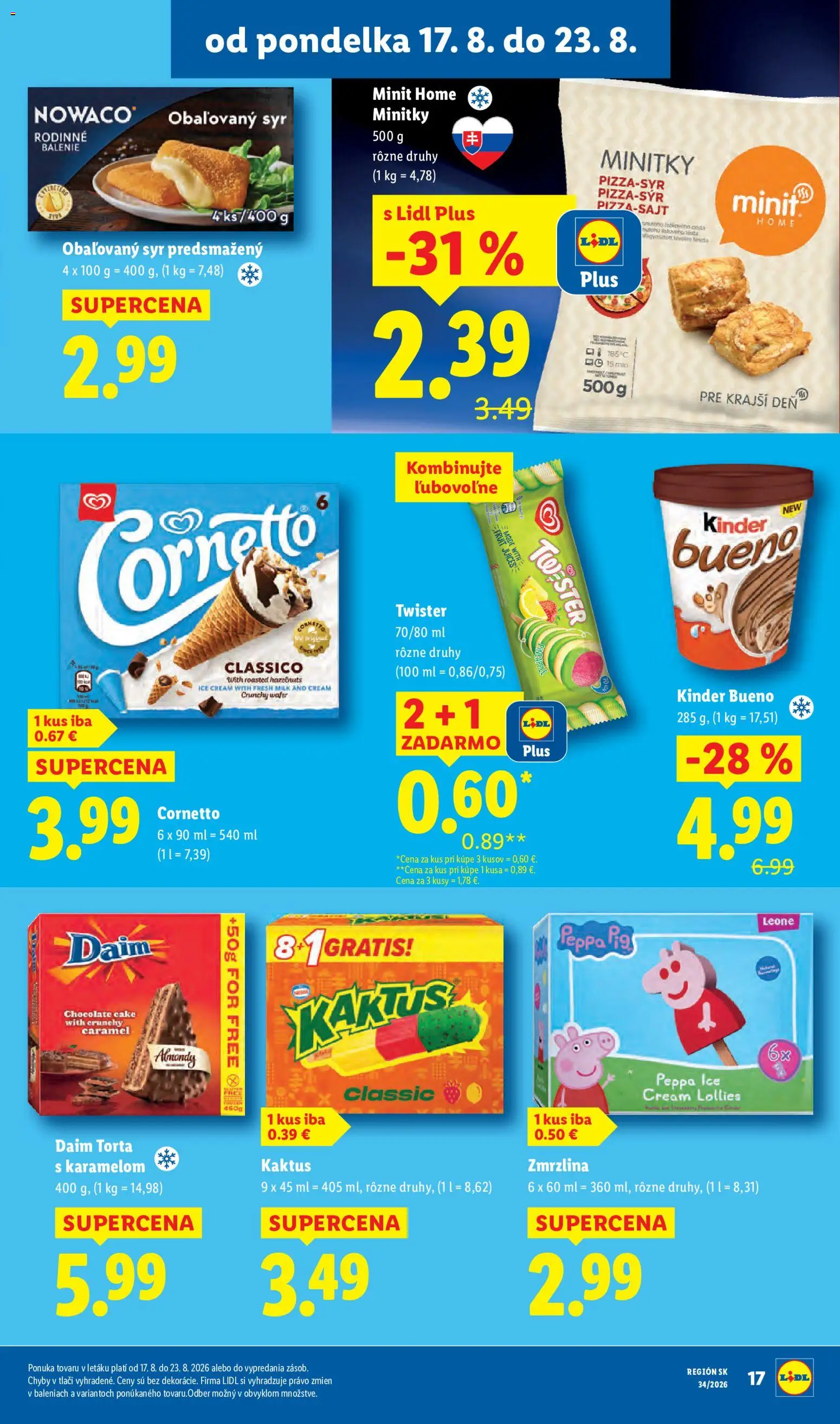 Nové Lidl akcie – leták je platný od 17.08.2026 | Strana: 21 | Produkty: Syr, Kinder, Obaľovaný syr, Torta