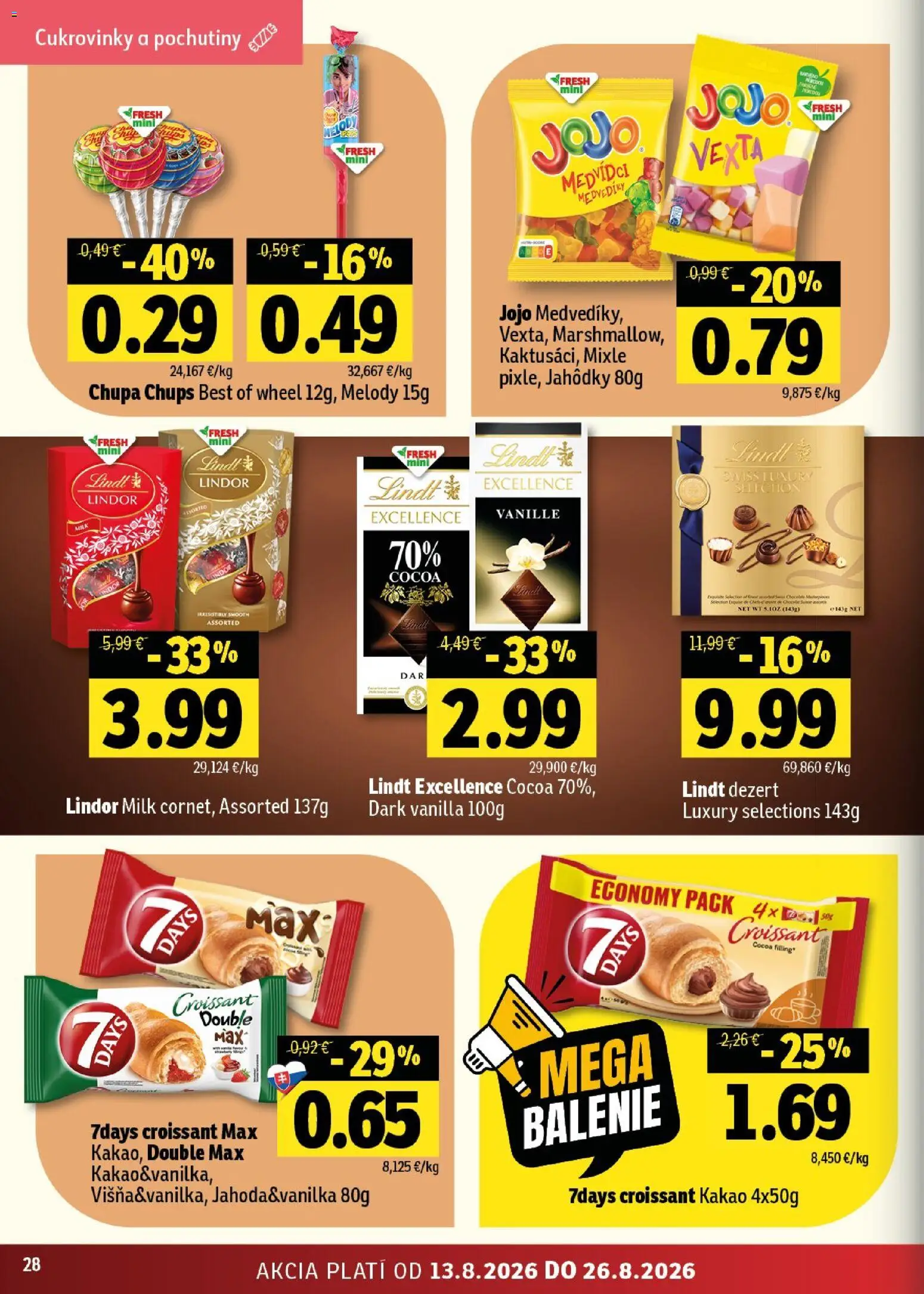 Nové Fresh akcie – leták je platný od 13.08.2026 | Strana: 28 | Produkty: Croissant, Lindor, Lindt, Cukrovinky
