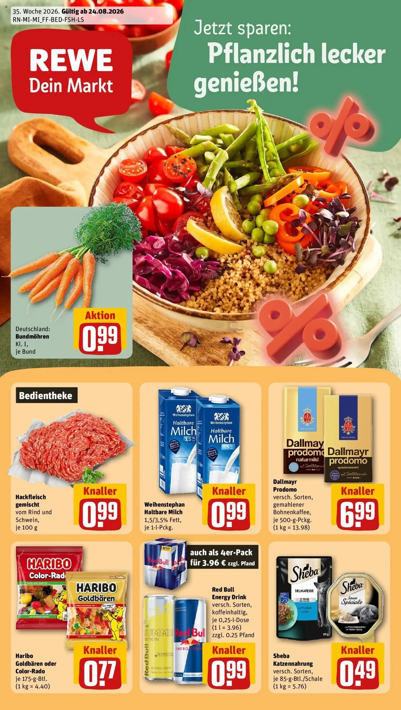 REWE Prospekt ab 24.08.2026 zum Blättern » Angebote | Seite: 1 | Produkte: Red bull, Haltbare milch, Dallmayr, Hackfleisch