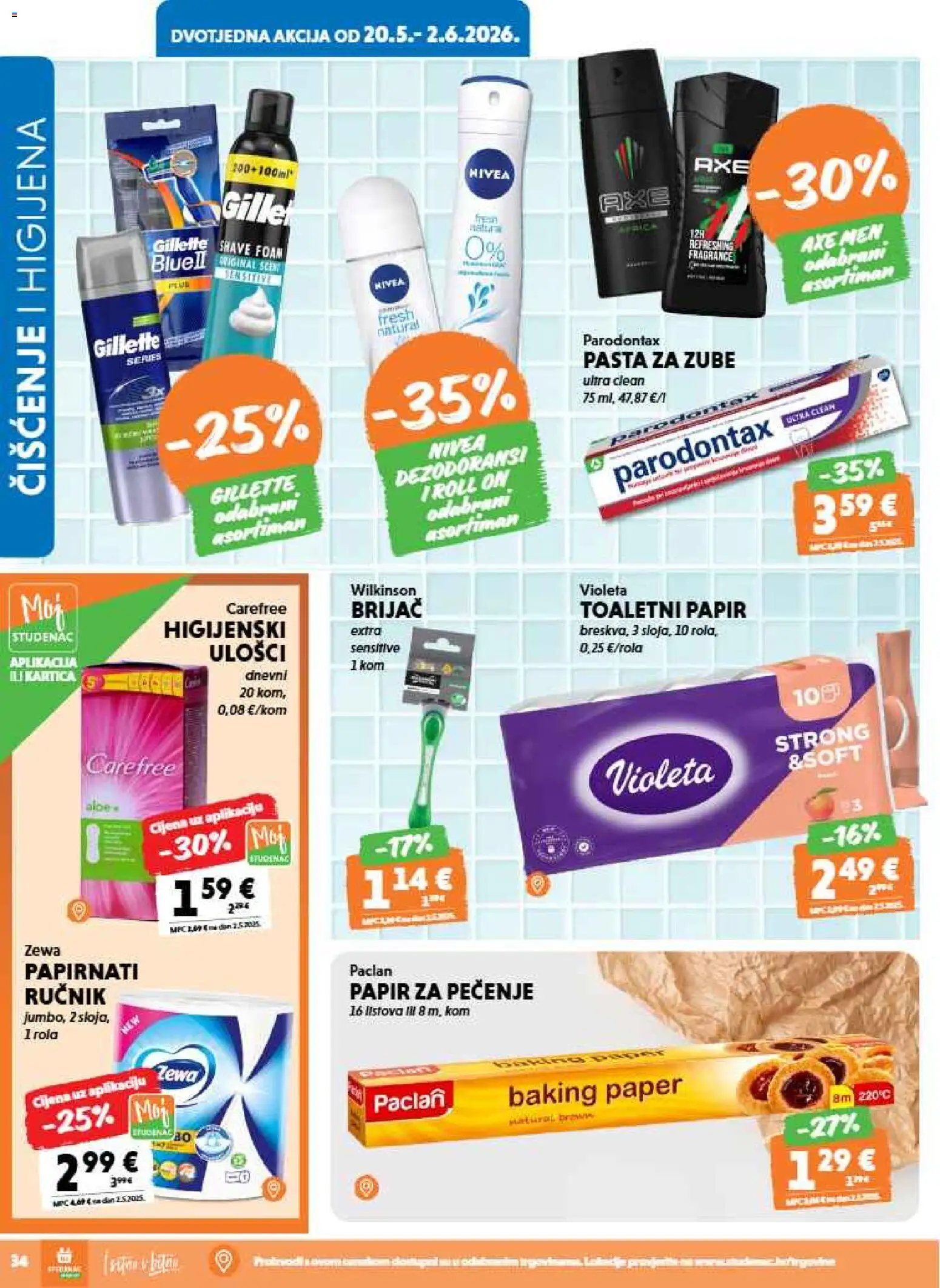 Studenac katalog | vrijedi od 20.05.2026 | Stranica: 34 | Proizvodi: Toaletni papir, Papir za pečenje, Pasta, Nivea