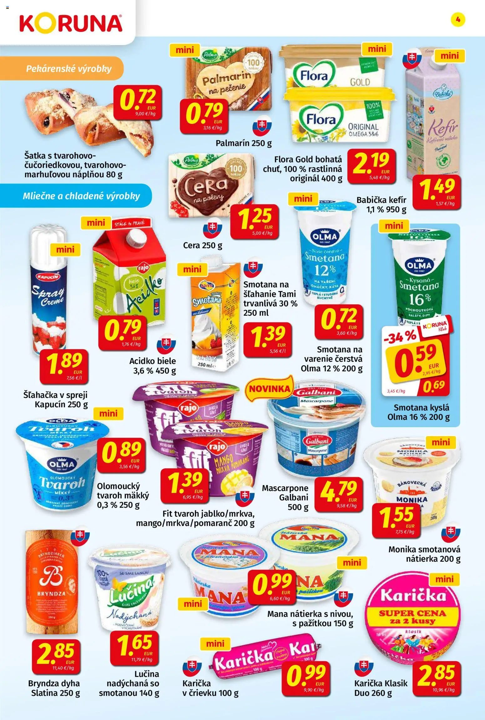 Nové Koruna akcie – leták je platný od 03.07.2026 | Strana: 4 | Produkty: Tvaroh, Mango, Mascarpone, Flora