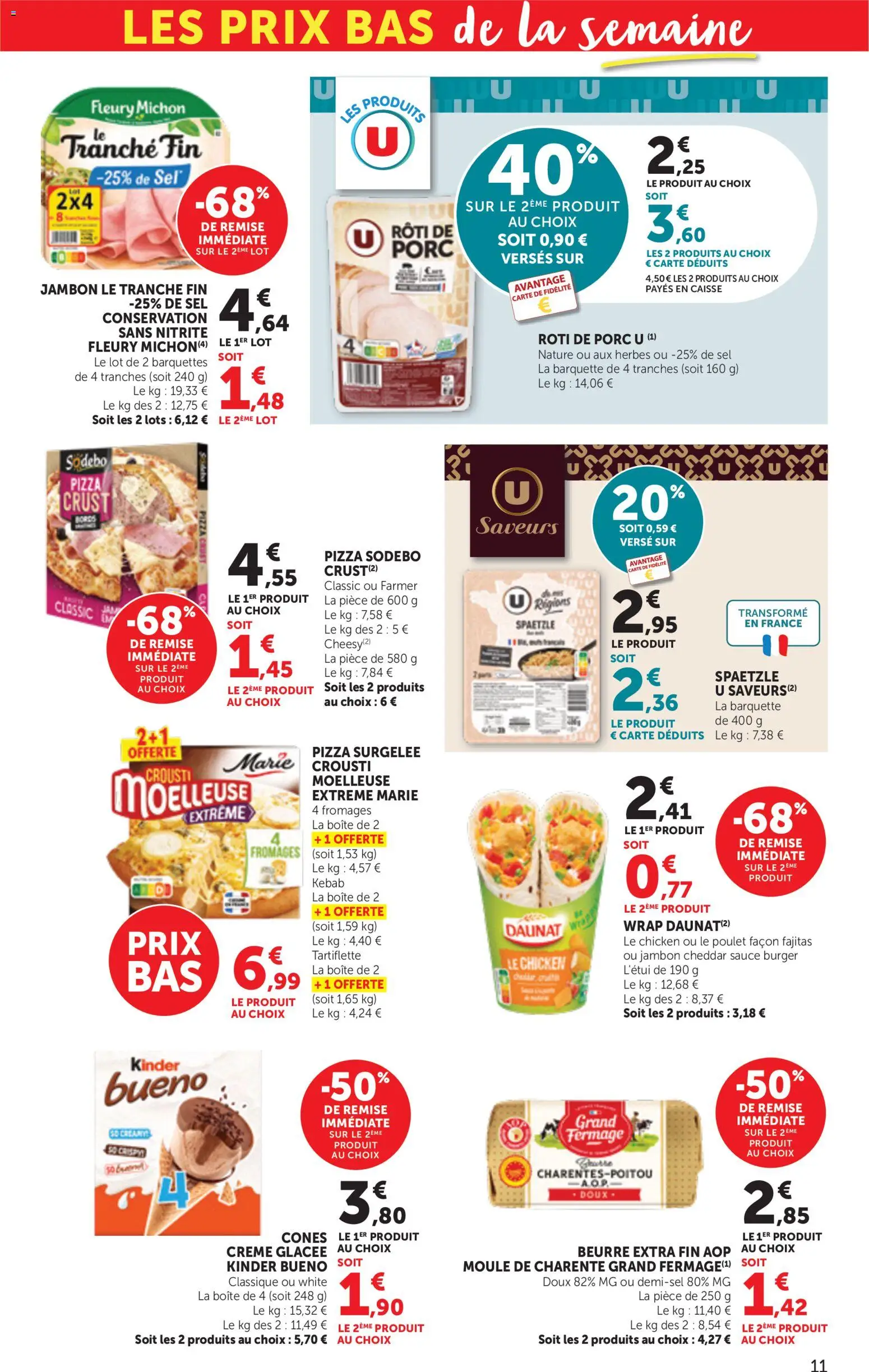 {H1} | Page: 11 | Produits: Pizza surgelée, Kinder Bueno, Cheddar, Crème