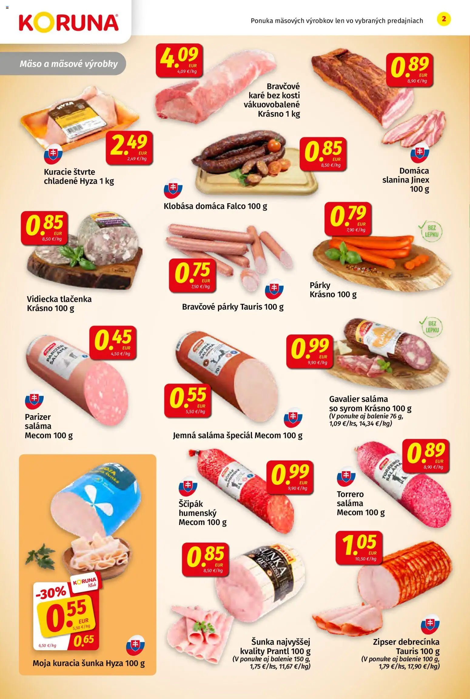 Nové Koruna akcie – leták je platný od 11.09.2026 | Strana: 2 | Produkty: Saláma, Šunka, Kuracia šunka, Párky