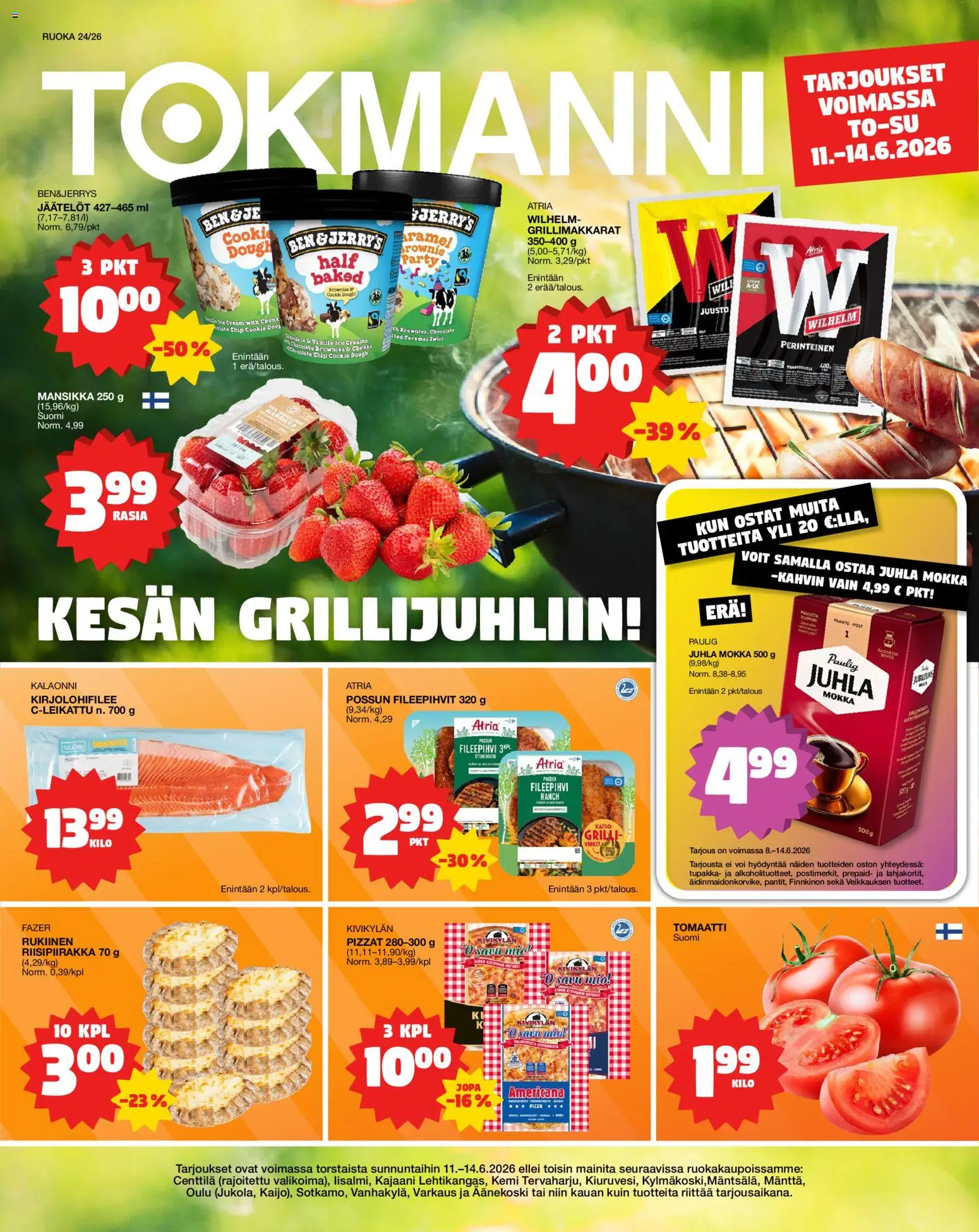 Tokmanni Ruokatarjoukset – voimassa 11.06.2026 alkaen | Sivu: 1 | Tuotteet: Juhla Mokka, Grilli, Voi, Pizza