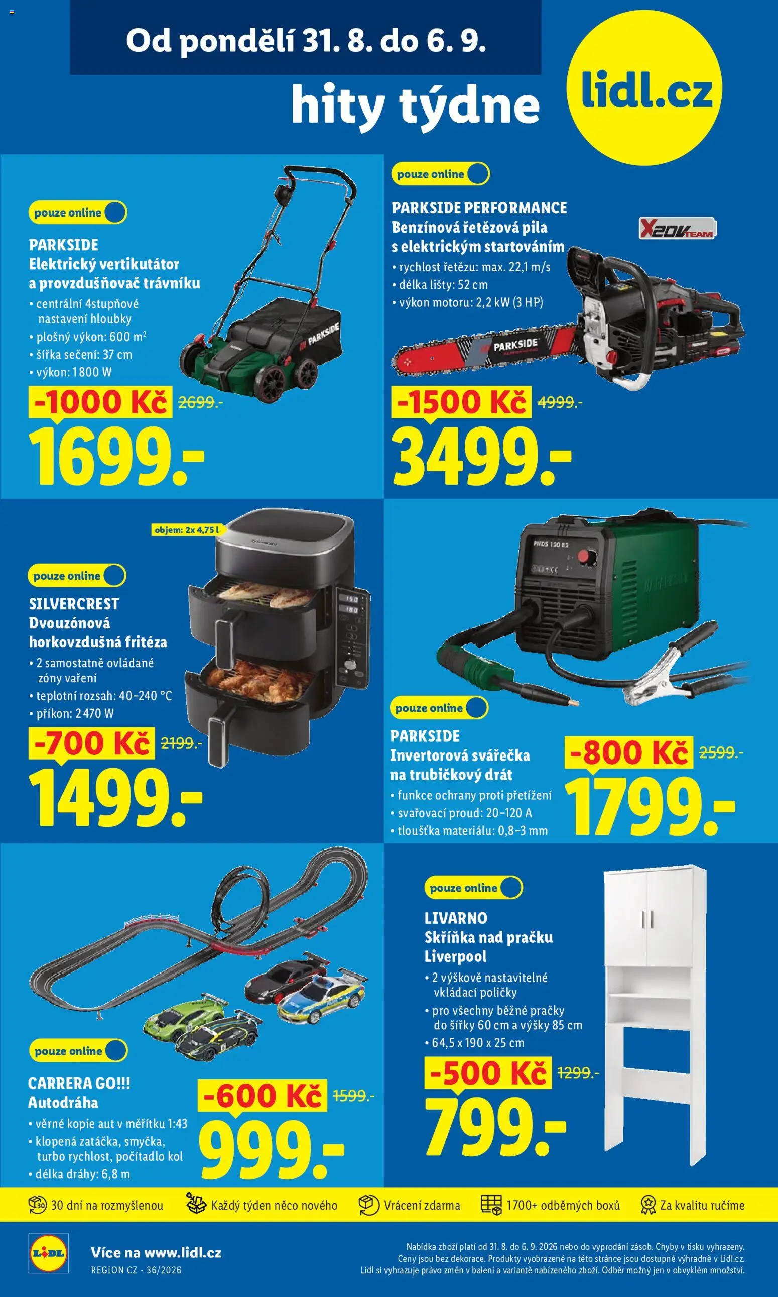 Lidl leták - Hity týdne od 31.08.2026 | Strana: 1 | Produkty: Vertikutátor, Parkside, Svářečka, Pračky